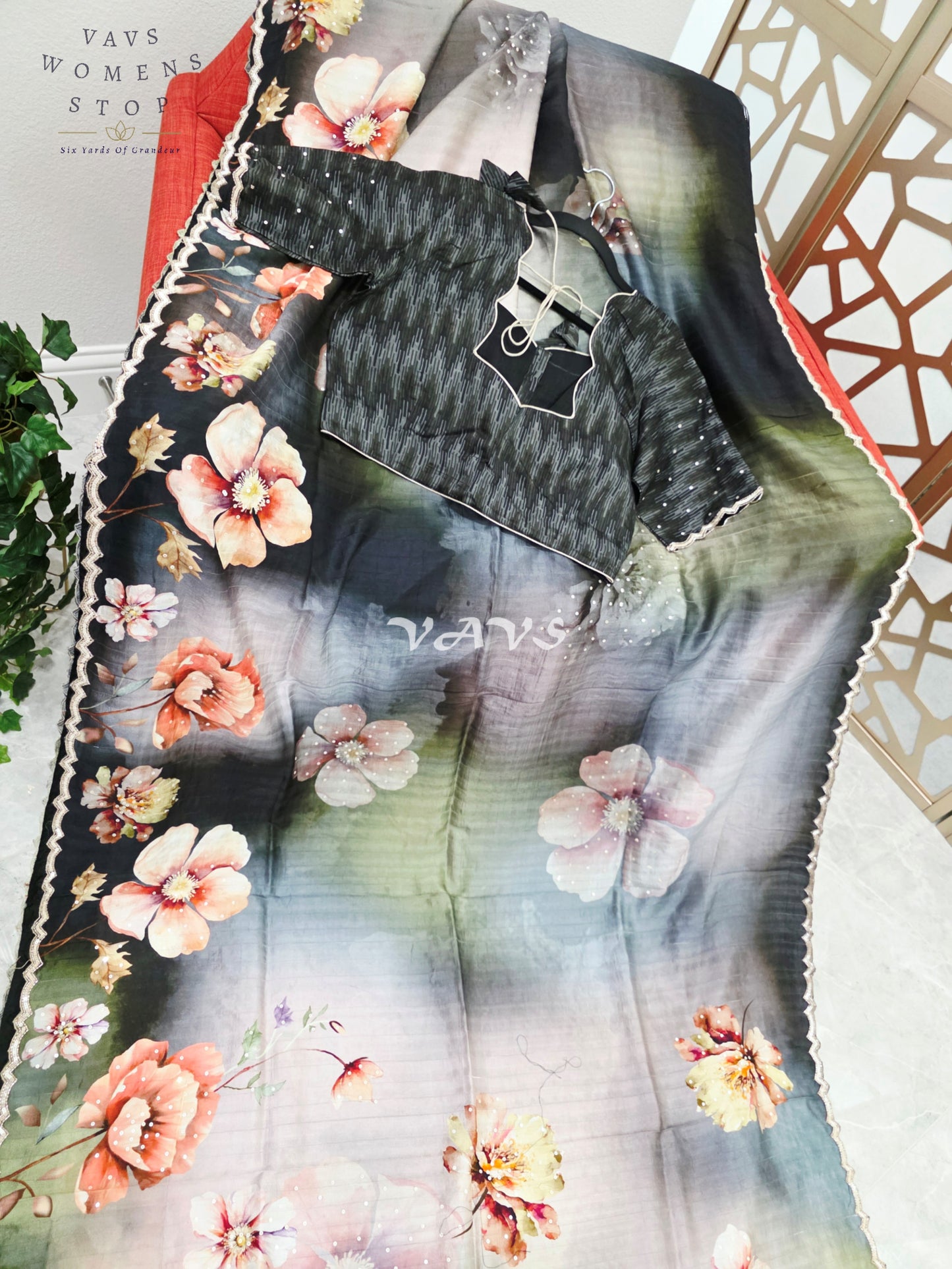 Midnight Black & Smoky Slate Floral Russian Crepe Silk Saree with Scalloped Sequin Border & Stitched Blouse Size 40, Extendable to 46