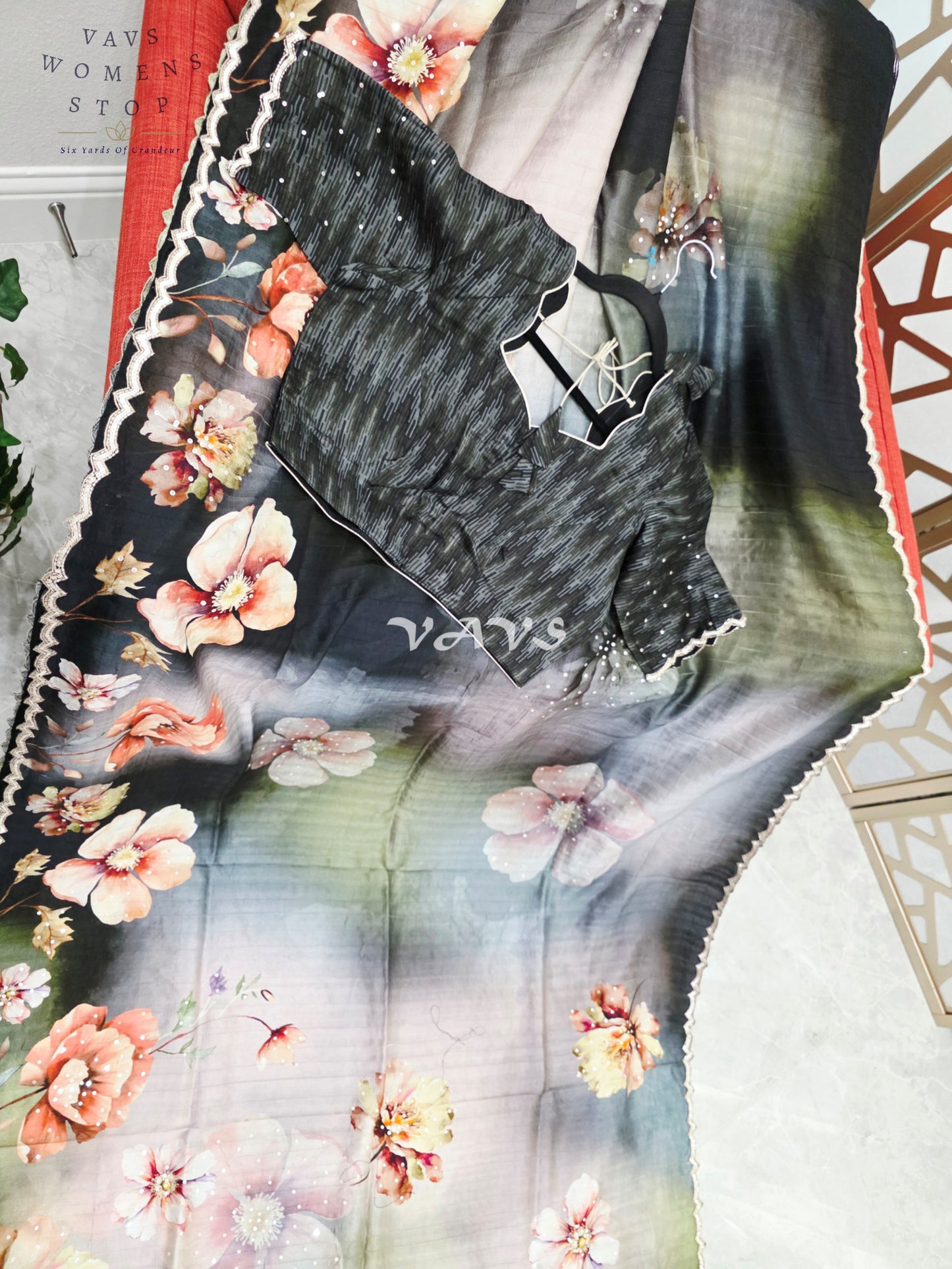 Midnight Black & Smoky Slate Floral Russian Crepe Silk Saree with Scalloped Sequin Border & Stitched Blouse Size 40, Extendable to 46