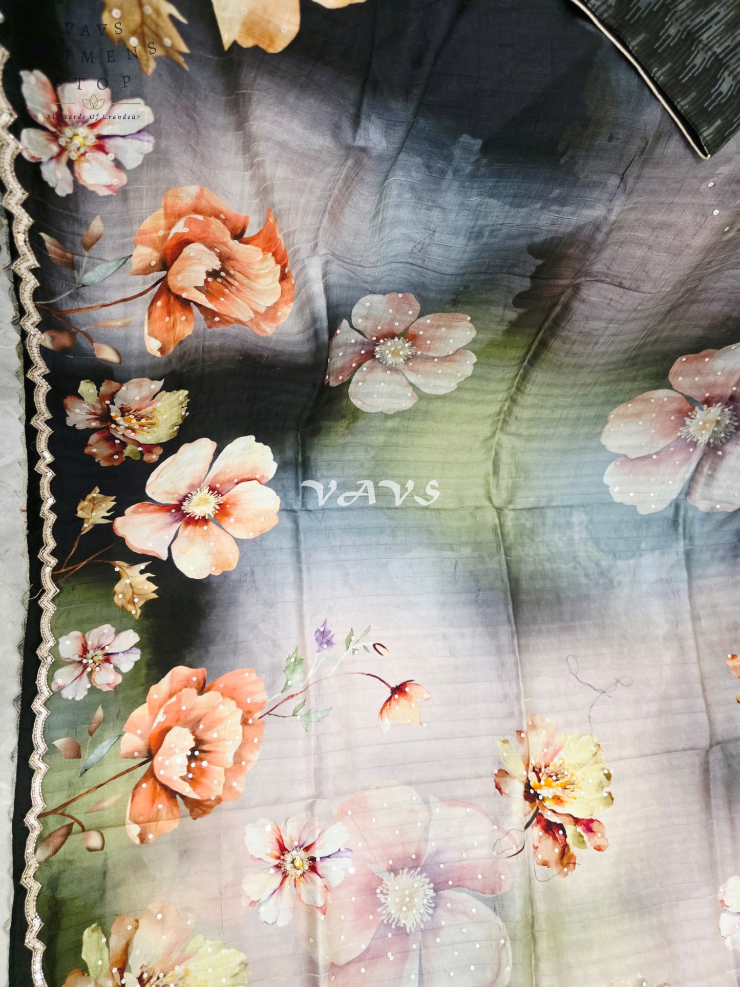 Midnight Black & Smoky Slate Floral Russian Crepe Silk Saree with Scalloped Sequin Border & Stitched Blouse Size 40, Extendable to 46
