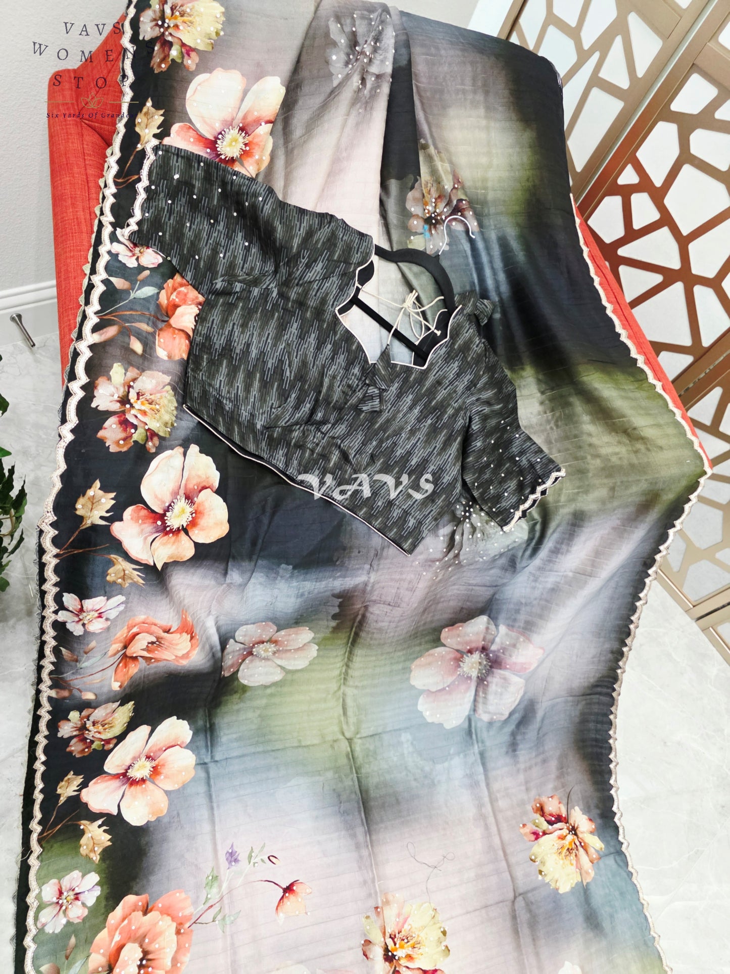 Midnight Black & Smoky Slate Floral Russian Crepe Silk Saree with Scalloped Sequin Border & Stitched Blouse Size 40, Extendable to 46