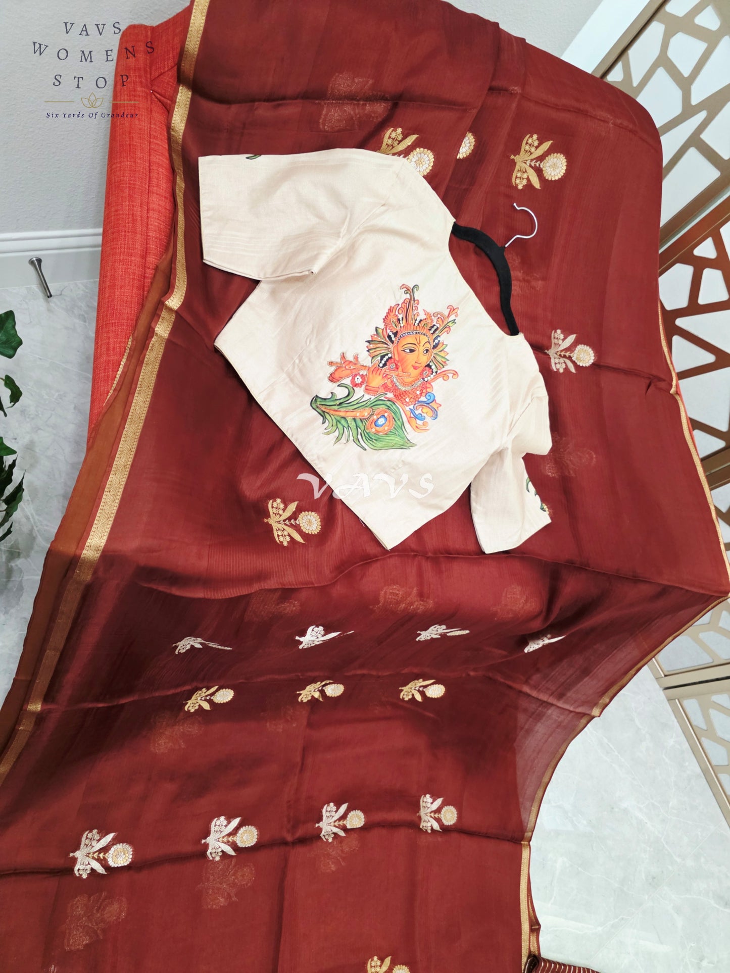 Garnet Maroon Pure Manipuri Kota Silk Saree with Gold Pallu & Ivory Lord Krishna Digital Print Stitched Blouse Size 38, Extendable to 44