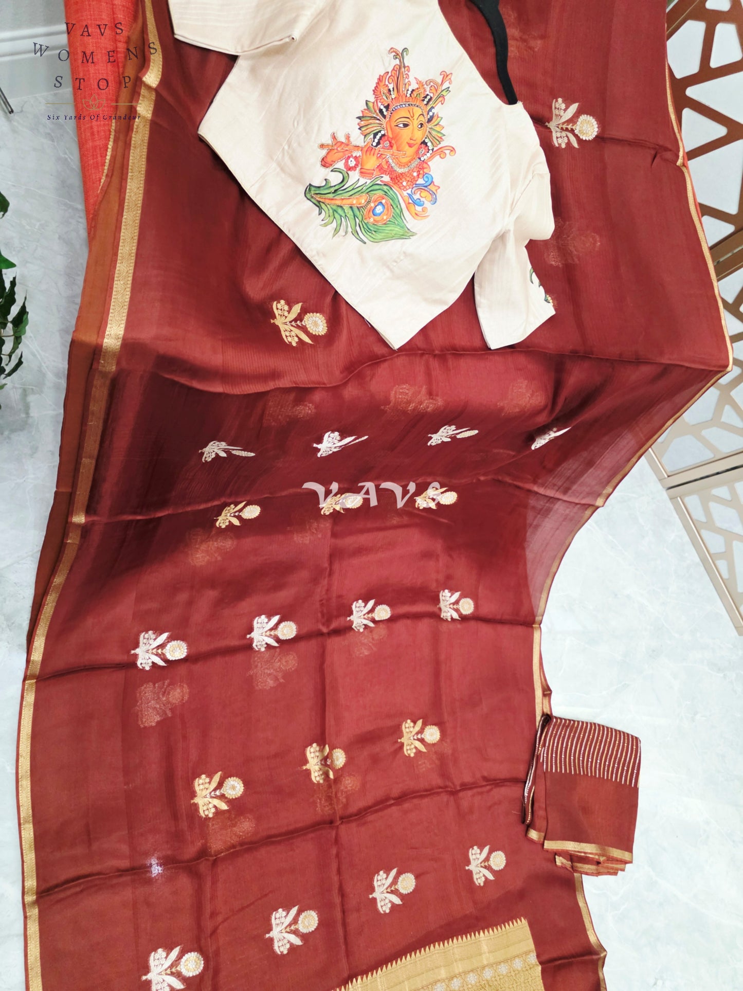 Garnet Maroon Pure Manipuri Kota Silk Saree with Gold Pallu & Ivory Lord Krishna Digital Print Stitched Blouse Size 38, Extendable to 44