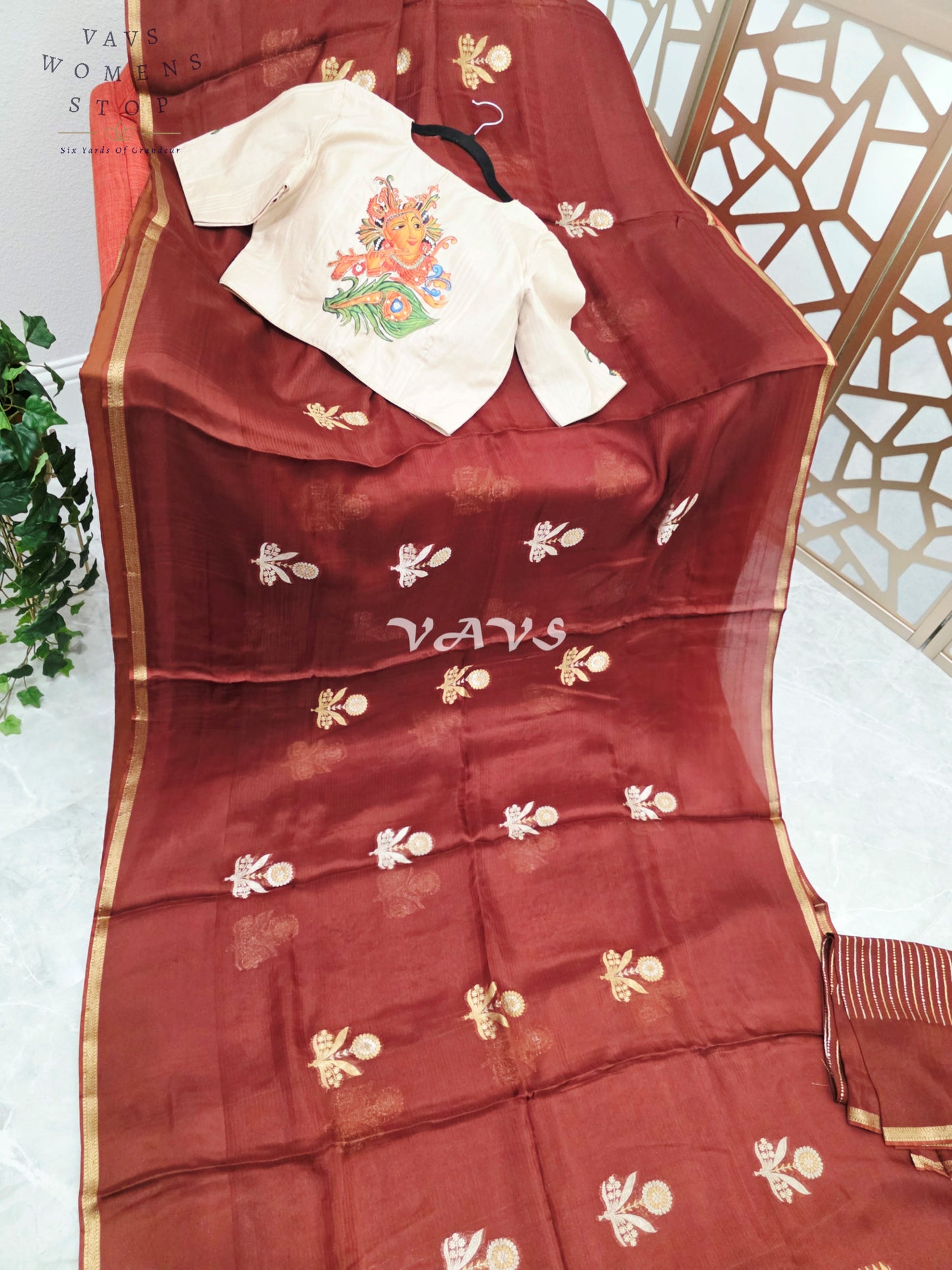 Garnet Maroon Pure Manipuri Kota Silk Saree with Gold Pallu & Ivory Lord Krishna Digital Print Stitched Blouse Size 38, Extendable to 44
