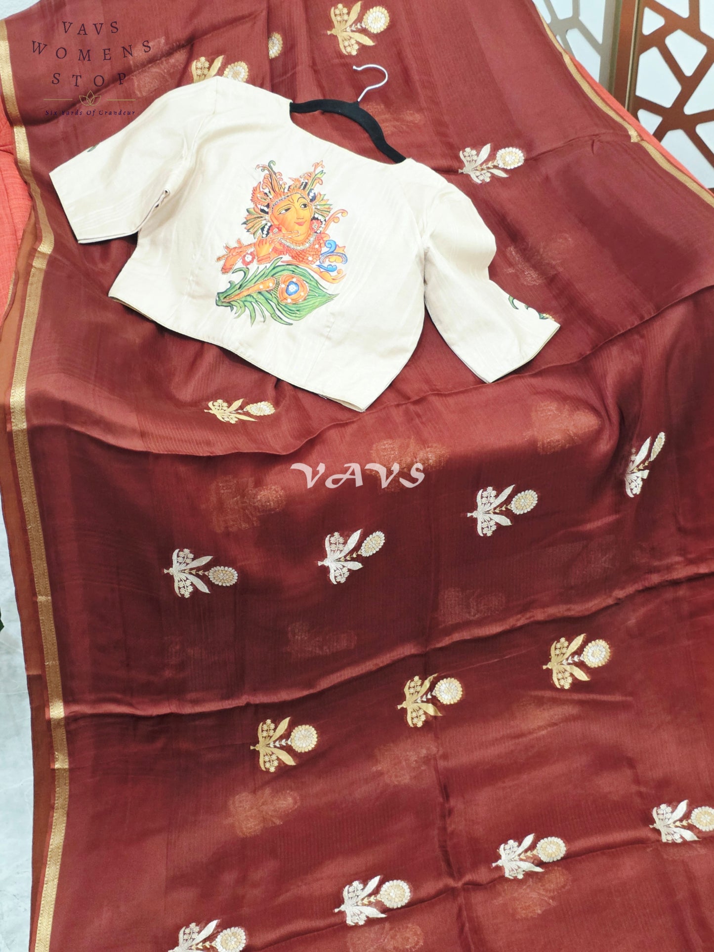 Garnet Maroon Pure Manipuri Kota Silk Saree with Gold Pallu & Ivory Lord Krishna Digital Print Stitched Blouse Size 38, Extendable to 44