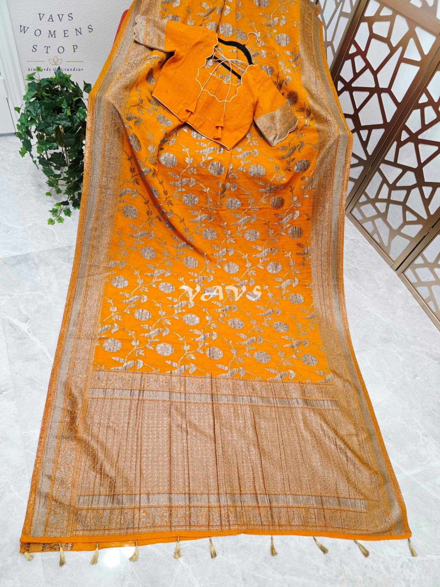 Saffron Amber Semi Tussar Georgette Meenakari Saree with Antique Silver Zari & Stitched Blouse Size 36-42