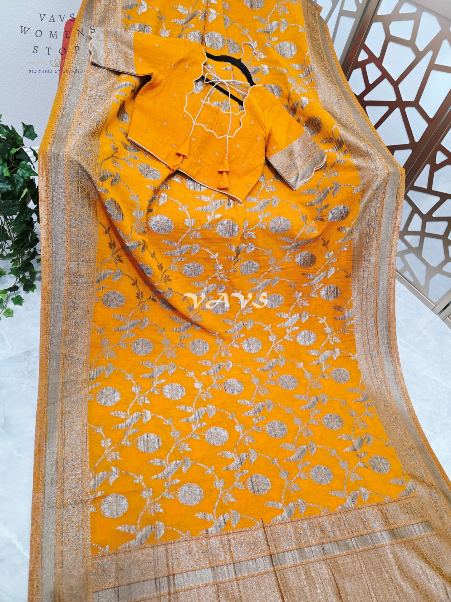 Saffron Amber Semi Tussar Georgette Meenakari Saree with Antique Silver Zari & Stitched Blouse Size 36-42