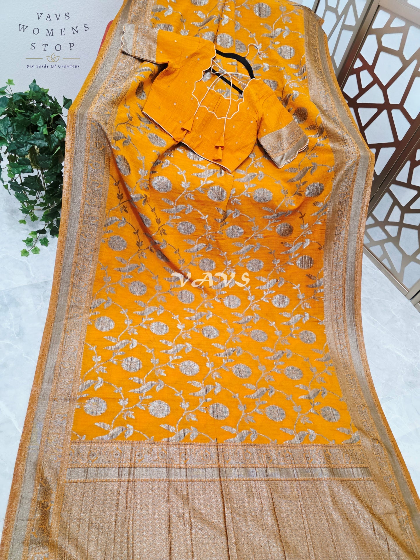 Saffron Amber Semi Tussar Georgette Meenakari Saree with Antique Silver Zari & Stitched Blouse Size 36-42