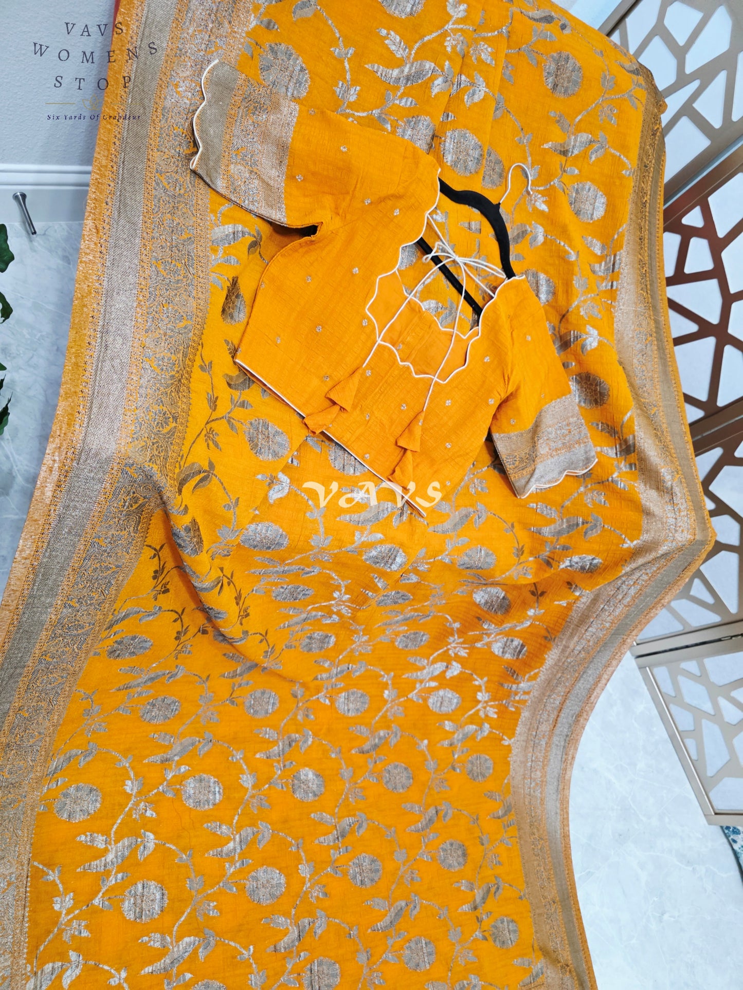 Saffron Amber Semi Tussar Georgette Meenakari Saree with Antique Silver Zari & Stitched Blouse Size 36-42