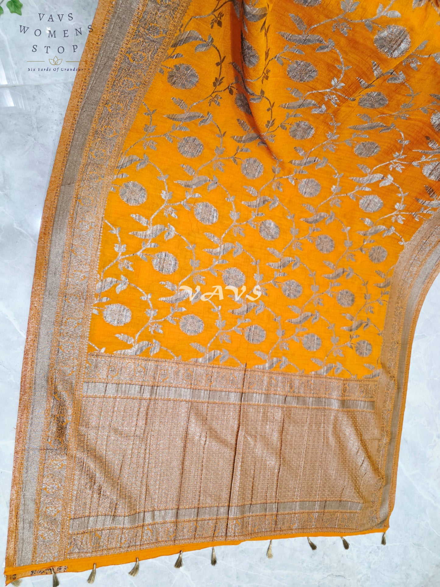 Saffron Amber Semi Tussar Georgette Meenakari Saree with Antique Silver Zari & Stitched Blouse Size 36-42