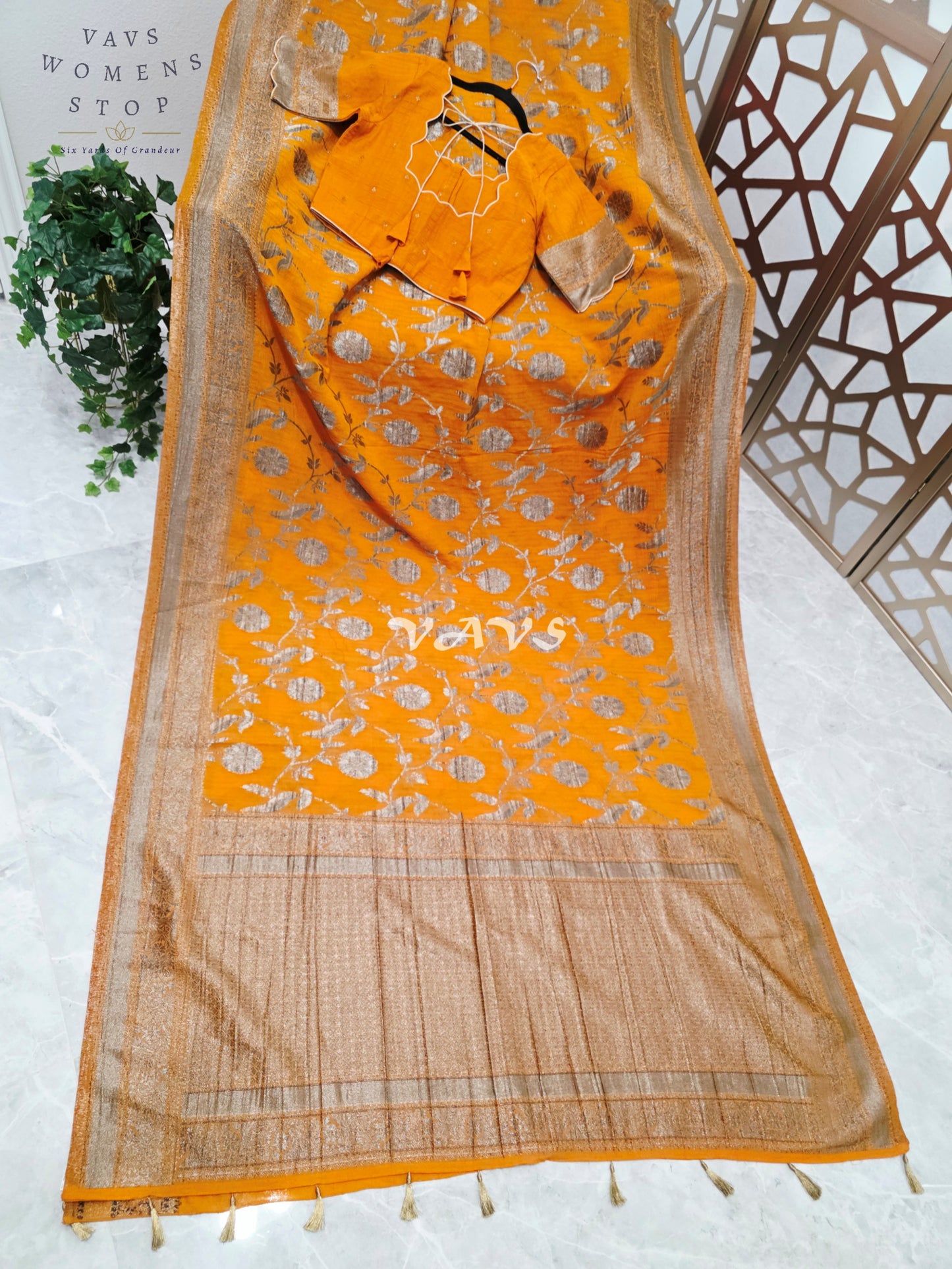 Saffron Amber Semi Tussar Georgette Meenakari Saree with Antique Silver Zari & Stitched Blouse Size 36-42