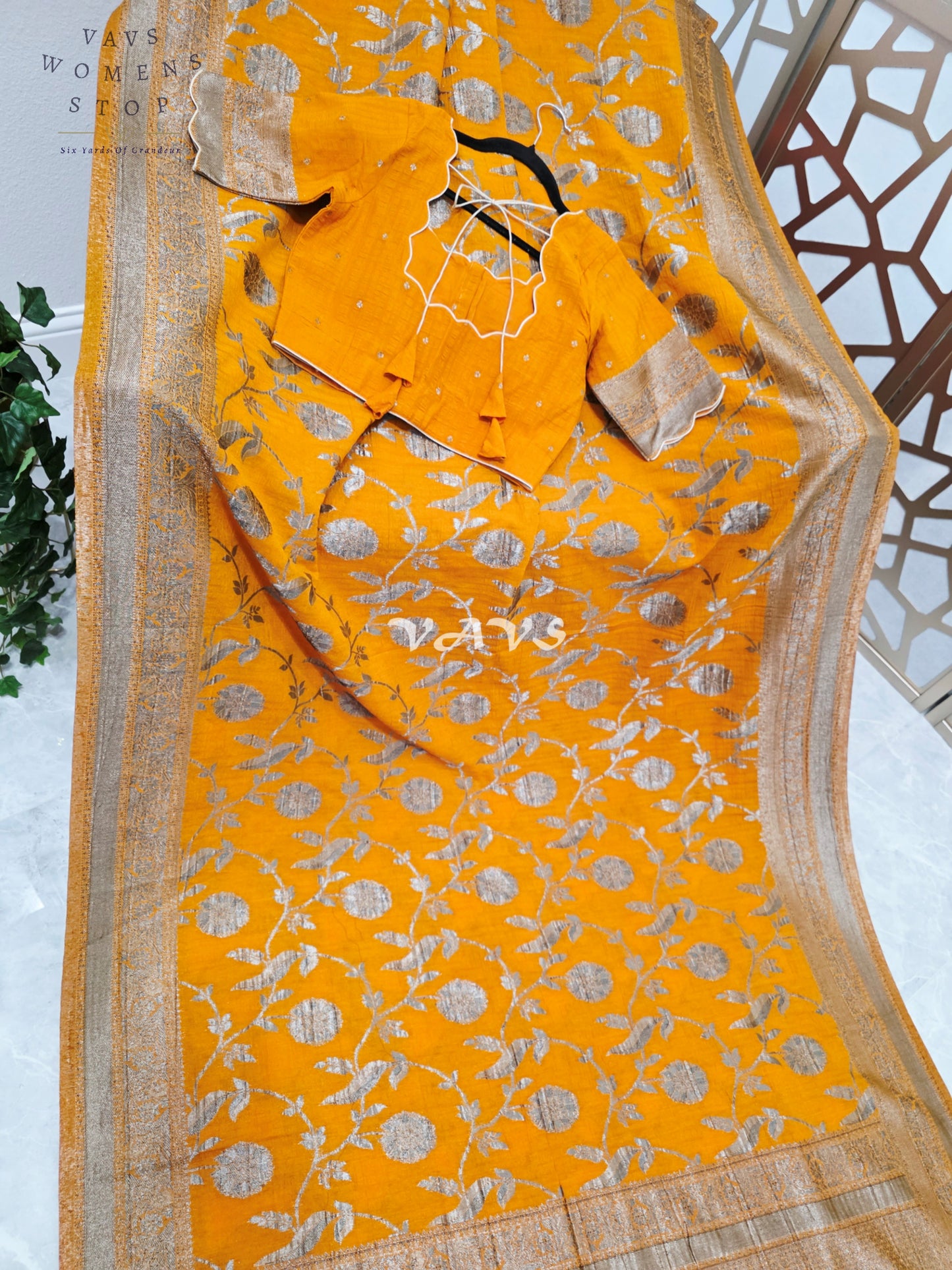 Saffron Amber Semi Tussar Georgette Meenakari Saree with Antique Silver Zari & Stitched Blouse Size 36-42