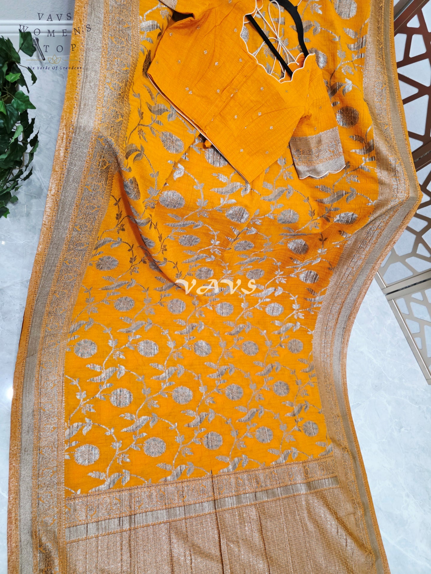 Saffron Amber Semi Tussar Georgette Meenakari Saree with Antique Silver Zari & Stitched Blouse Size 36-42