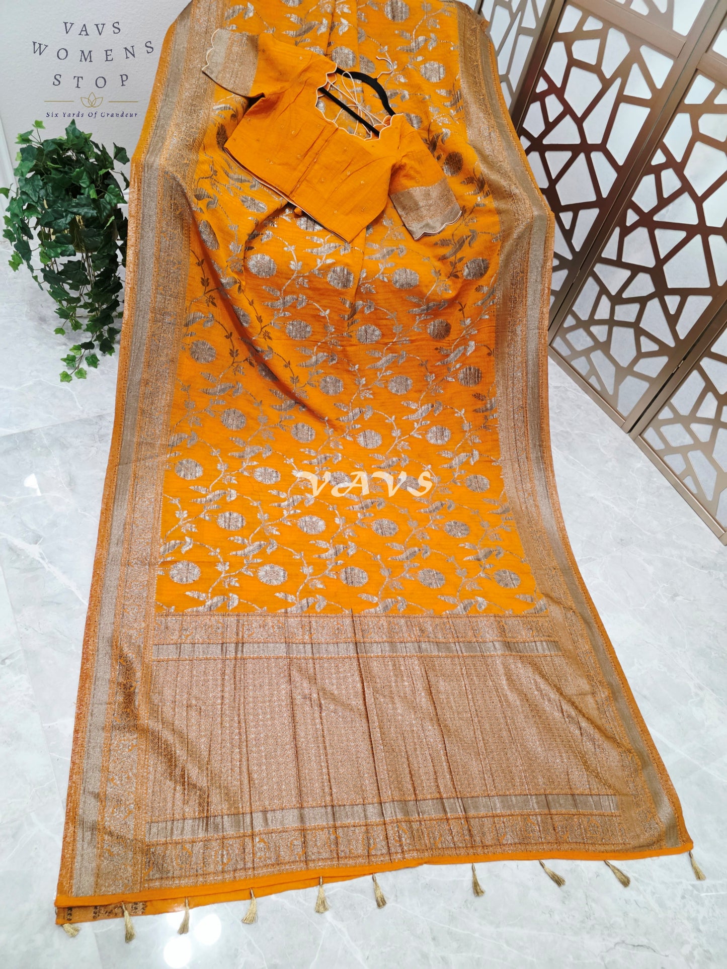 Saffron Amber Semi Tussar Georgette Meenakari Saree with Antique Silver Zari & Stitched Blouse Size 36-42