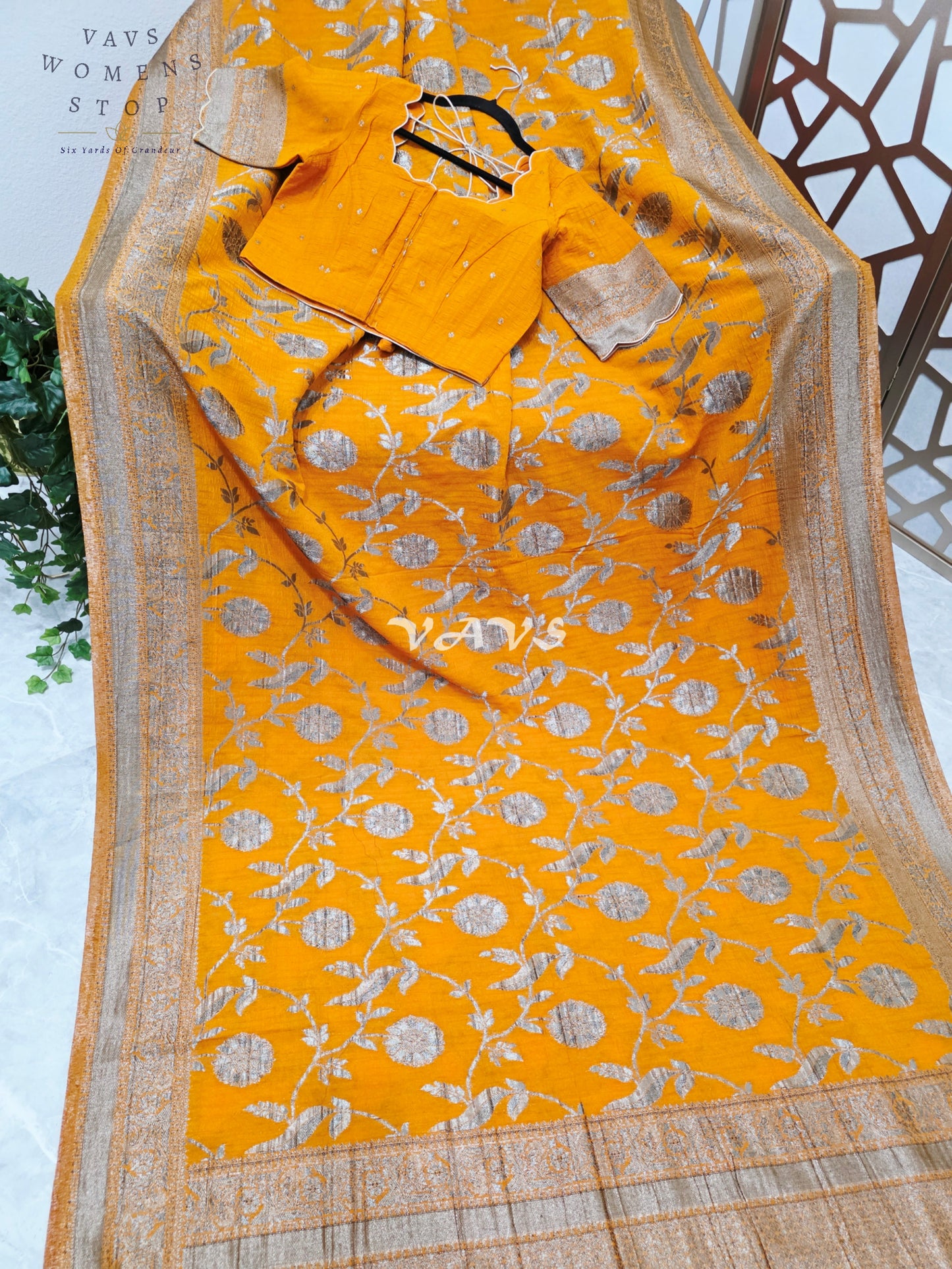 Saffron Amber Semi Tussar Georgette Meenakari Saree with Antique Silver Zari & Stitched Blouse Size 36-42