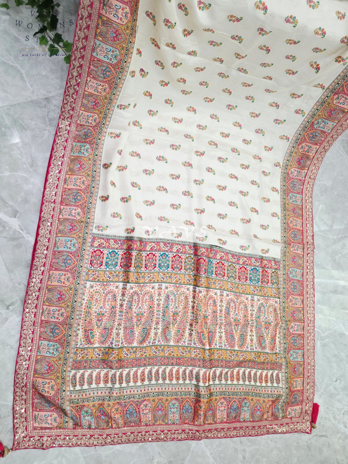 Regal Pearl Ivory Pure Munga Crepe Silk Designer Saree with Rose Pink Paisley Border & Stitched Blouse Size 40-46