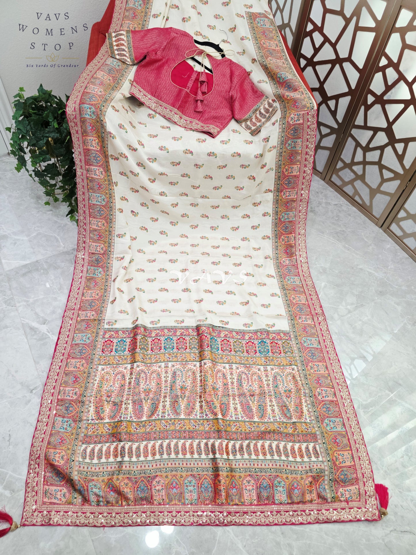 Regal Pearl Ivory Pure Munga Crepe Silk Designer Saree with Rose Pink Paisley Border & Stitched Blouse Size 40-46