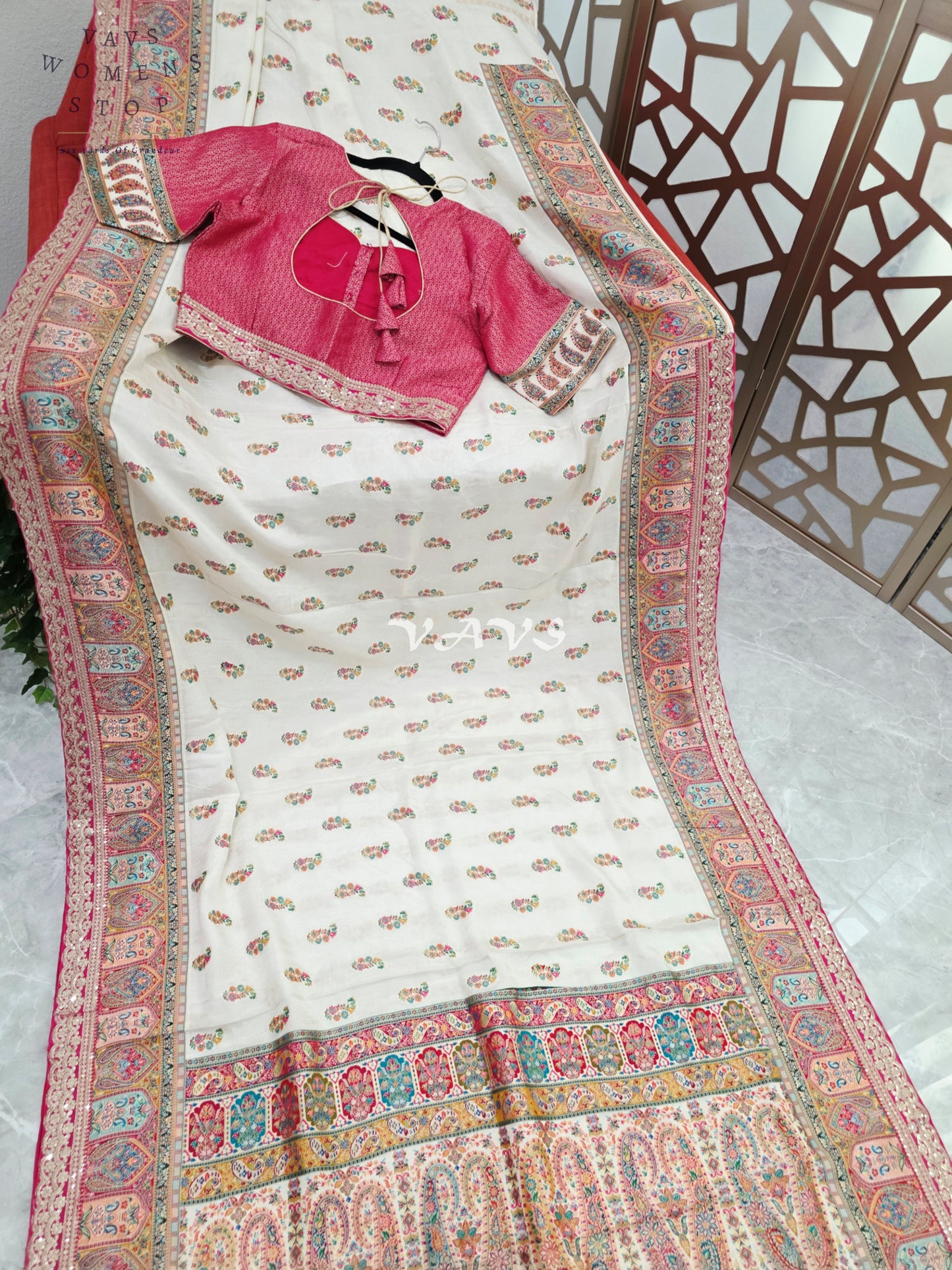 Regal Pearl Ivory Pure Munga Crepe Silk Designer Saree with Rose Pink Paisley Border & Stitched Blouse Size 40-46