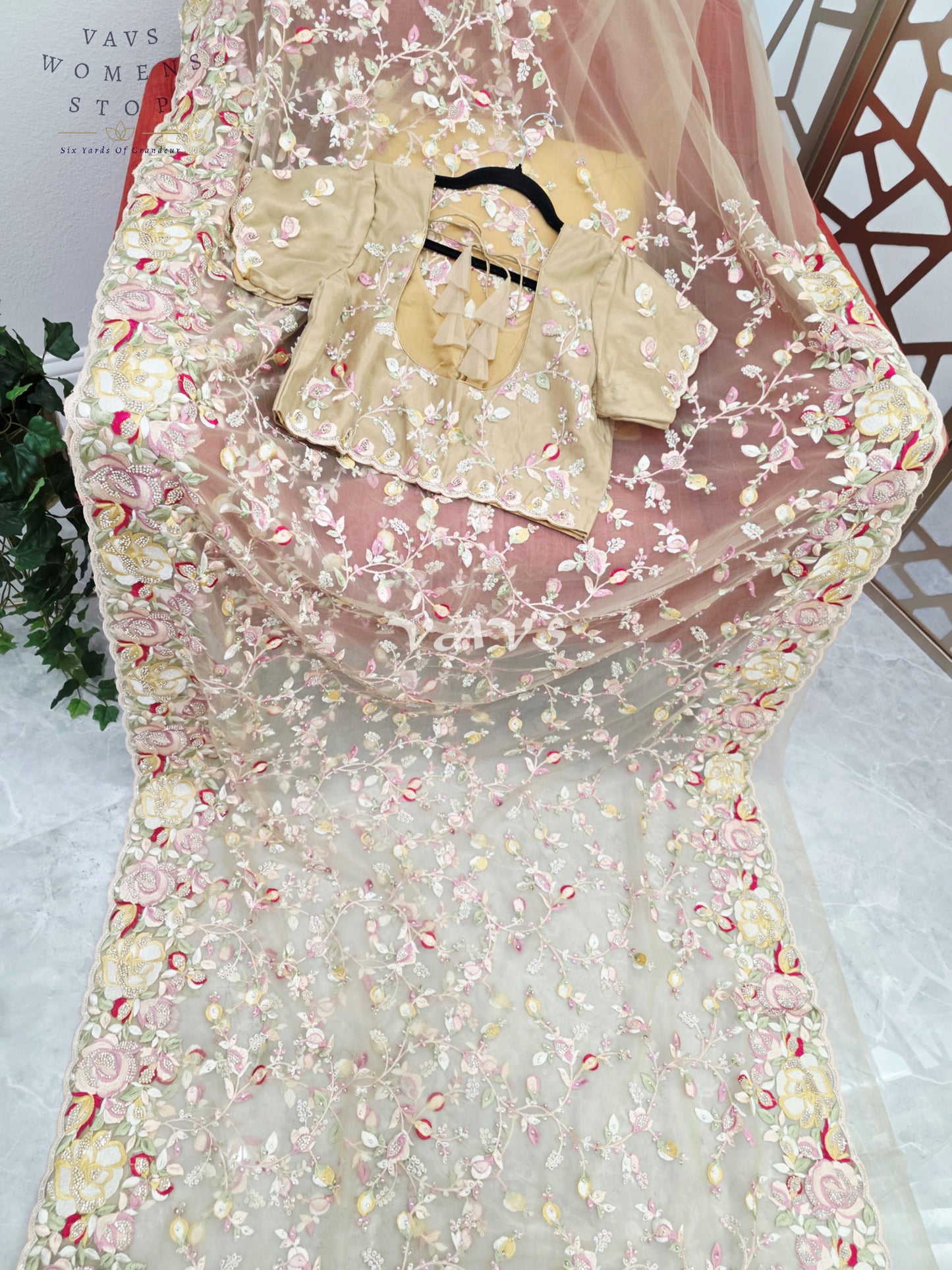 Regal Champagne Beige Soft Net Cocktail Saree with Multicolor Floral Embroidery, Stone Embellishments & Stitched Blouse Size 42–48