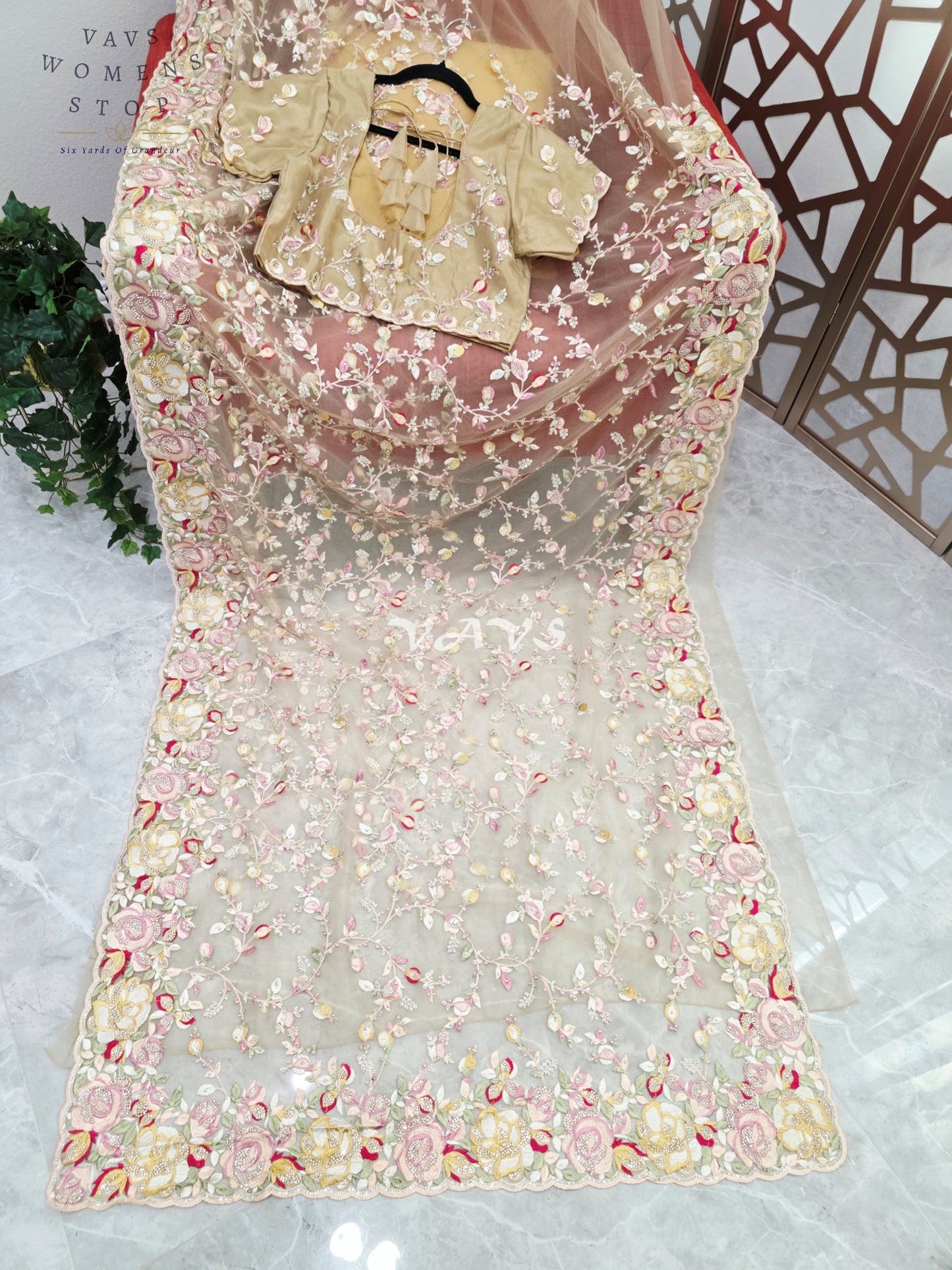Regal Champagne Beige Soft Net Cocktail Saree with Multicolor Floral Embroidery, Stone Embellishments & Stitched Blouse Size 42–48