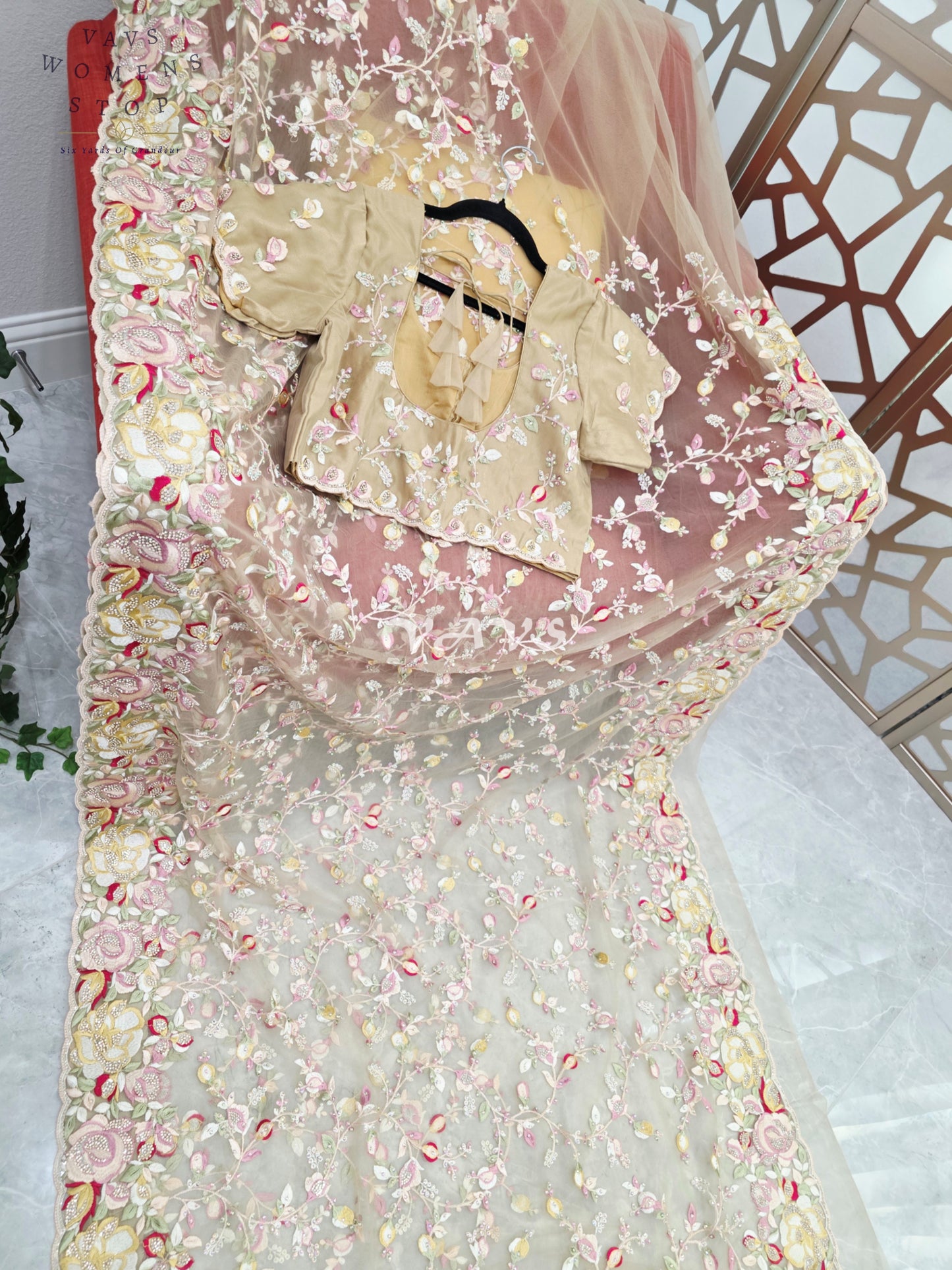 Regal Champagne Beige Soft Net Cocktail Saree with Multicolor Floral Embroidery, Stone Embellishments & Stitched Blouse Size 42–48