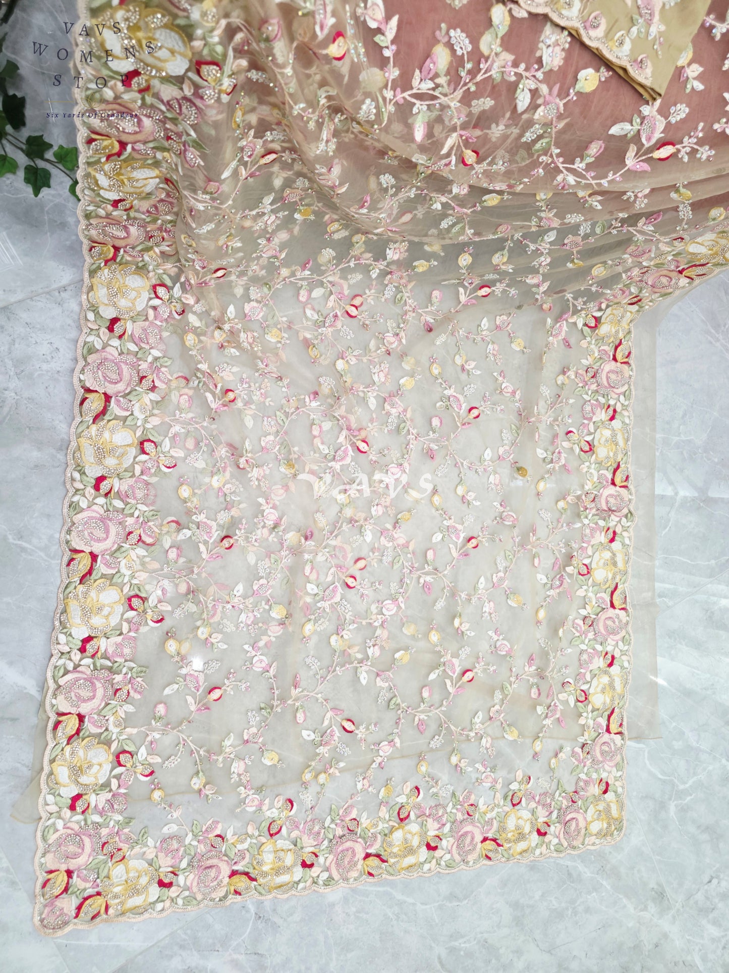 Regal Champagne Beige Soft Net Cocktail Saree with Multicolor Floral Embroidery, Stone Embellishments & Stitched Blouse Size 42–48
