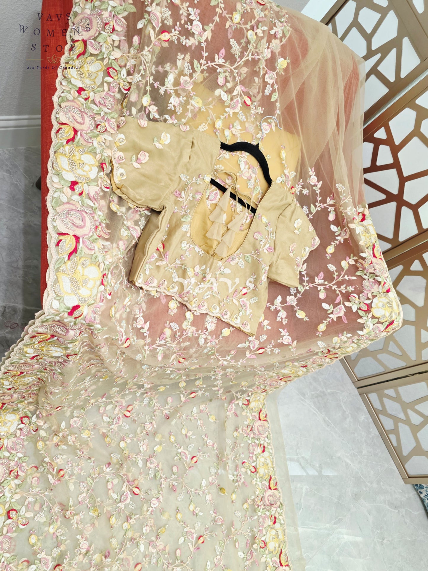 Regal Champagne Beige Soft Net Cocktail Saree with Multicolor Floral Embroidery, Stone Embellishments & Stitched Blouse Size 42–48