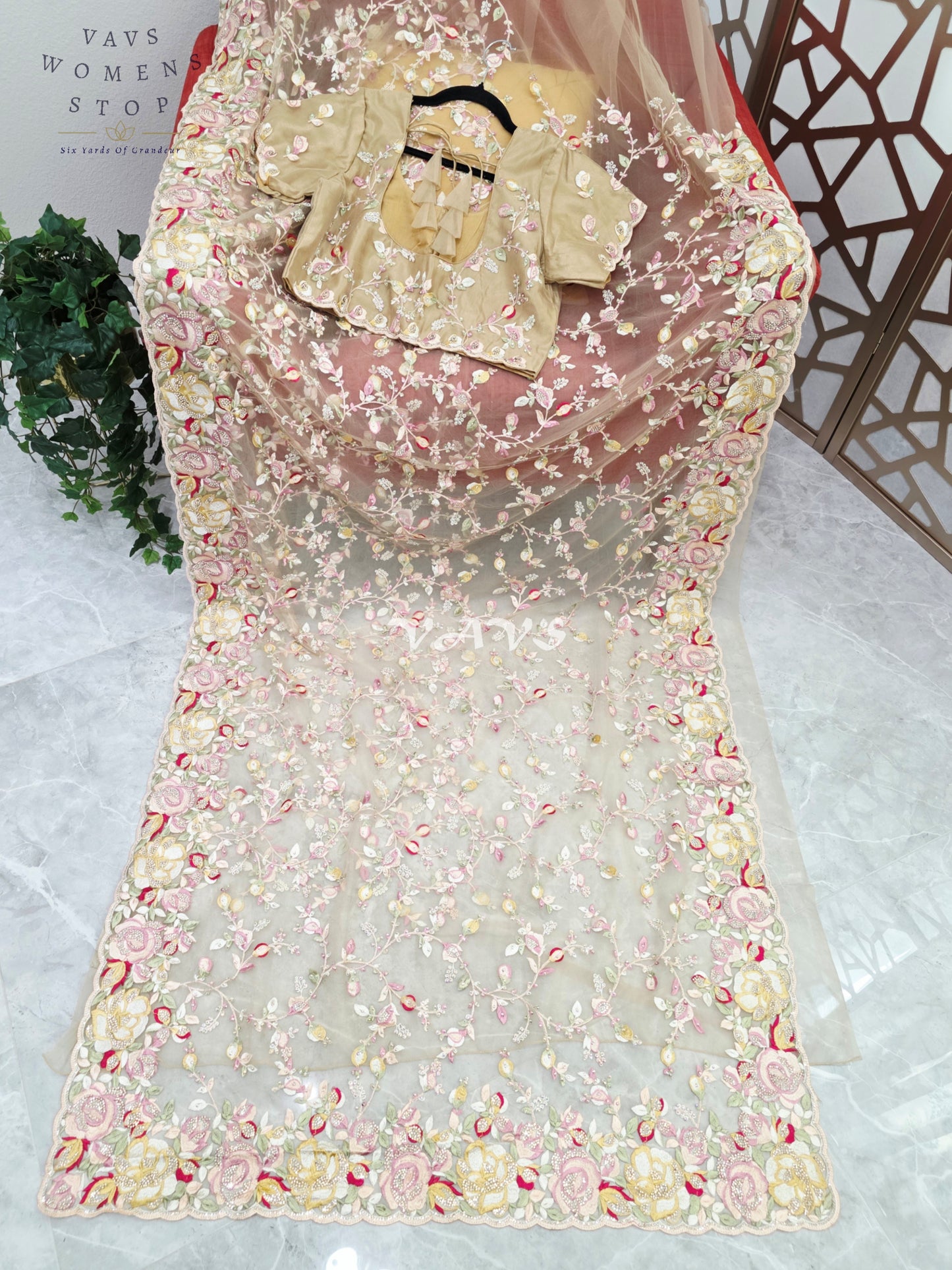 Regal Champagne Beige Soft Net Cocktail Saree with Multicolor Floral Embroidery, Stone Embellishments & Stitched Blouse Size 42–48