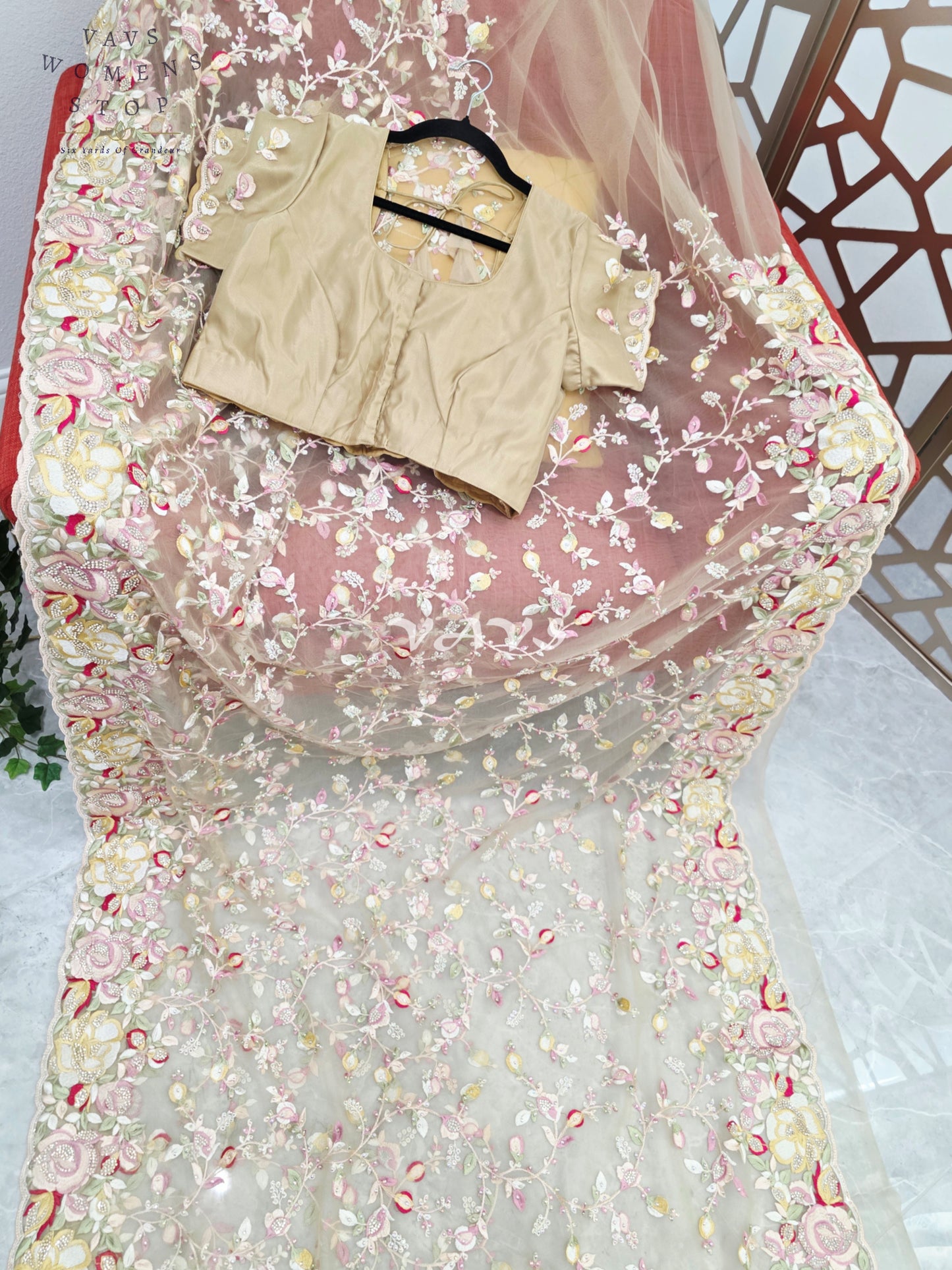 Regal Champagne Beige Soft Net Cocktail Saree with Multicolor Floral Embroidery, Stone Embellishments & Stitched Blouse Size 42–48