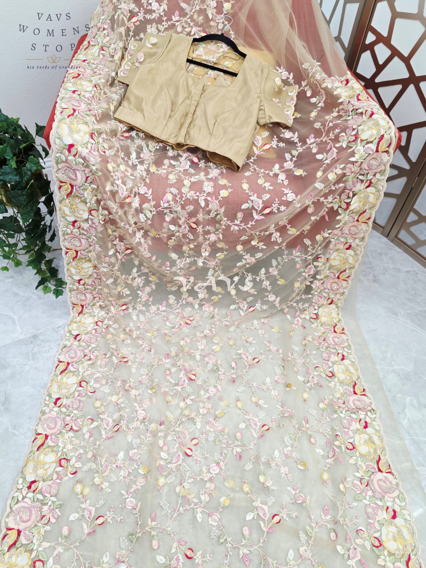 Regal Champagne Beige Soft Net Cocktail Saree with Multicolor Floral Embroidery, Stone Embellishments & Stitched Blouse Size 42–48