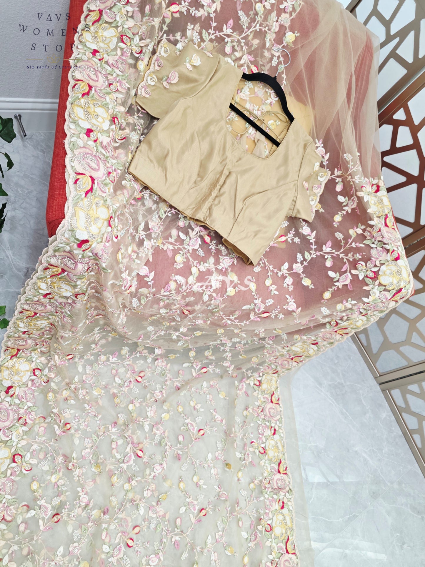 Regal Champagne Beige Soft Net Cocktail Saree with Multicolor Floral Embroidery, Stone Embellishments & Stitched Blouse Size 42–48