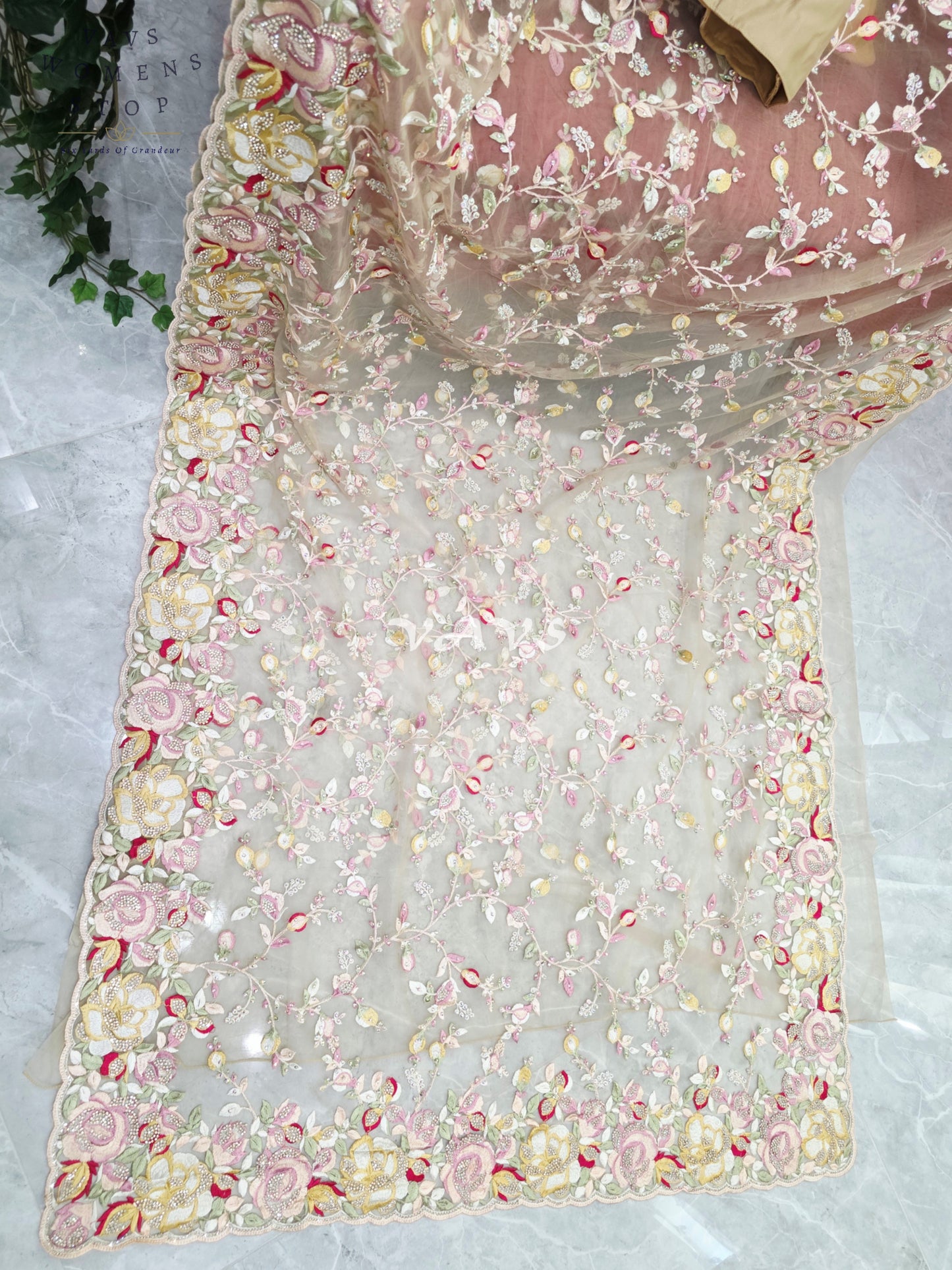 Regal Champagne Beige Soft Net Cocktail Saree with Multicolor Floral Embroidery, Stone Embellishments & Stitched Blouse Size 42–48