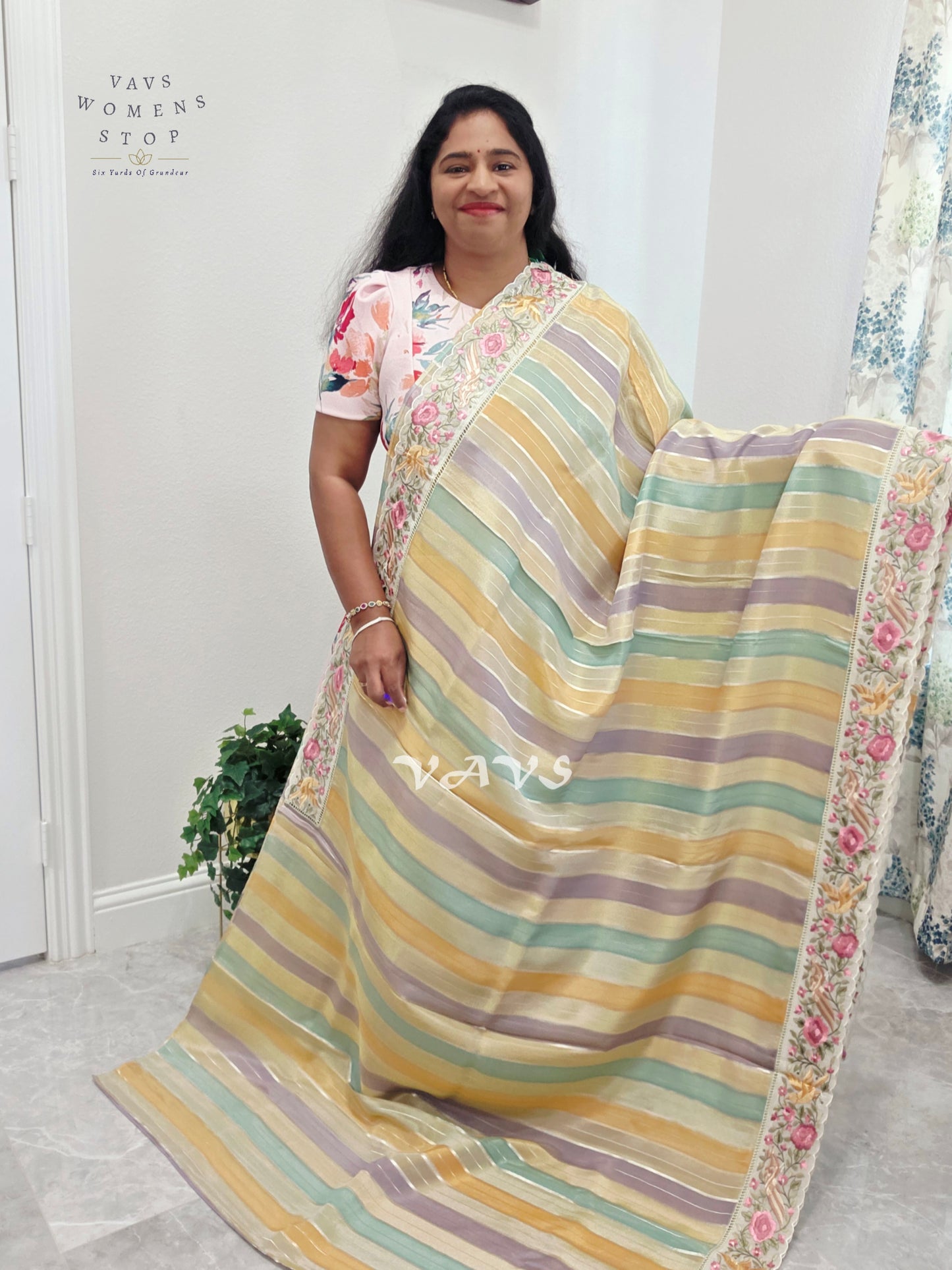 Soft Falling Tissue Stripes Designer Saree with Floral Border & Stitched Blouse