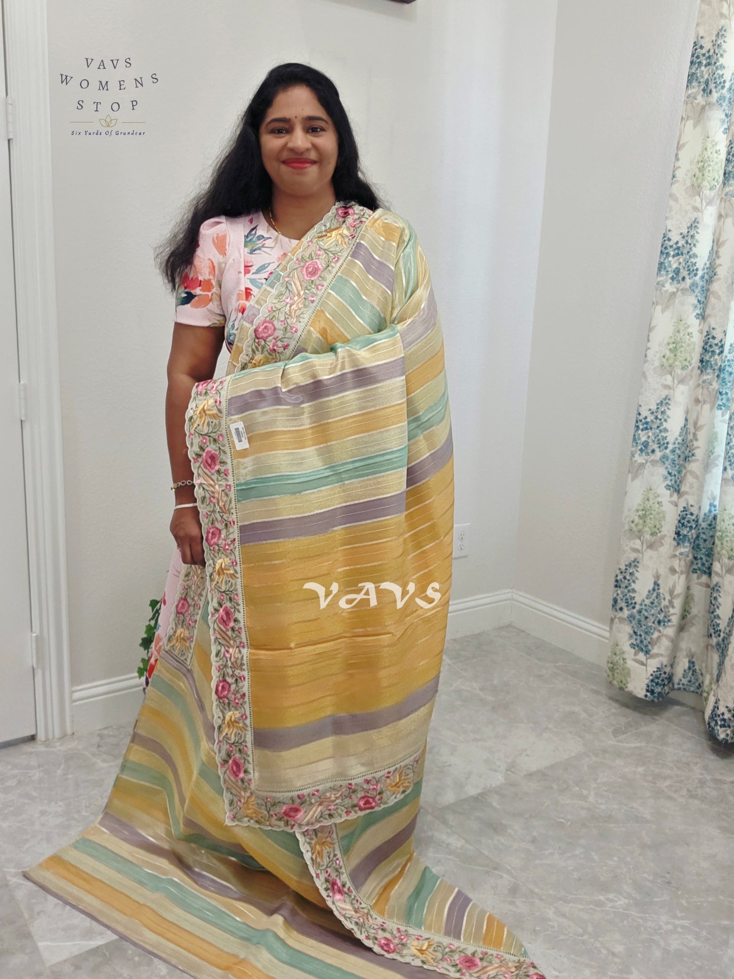 Soft Falling Tissue Stripes Designer Saree with Floral Border & Stitched Blouse