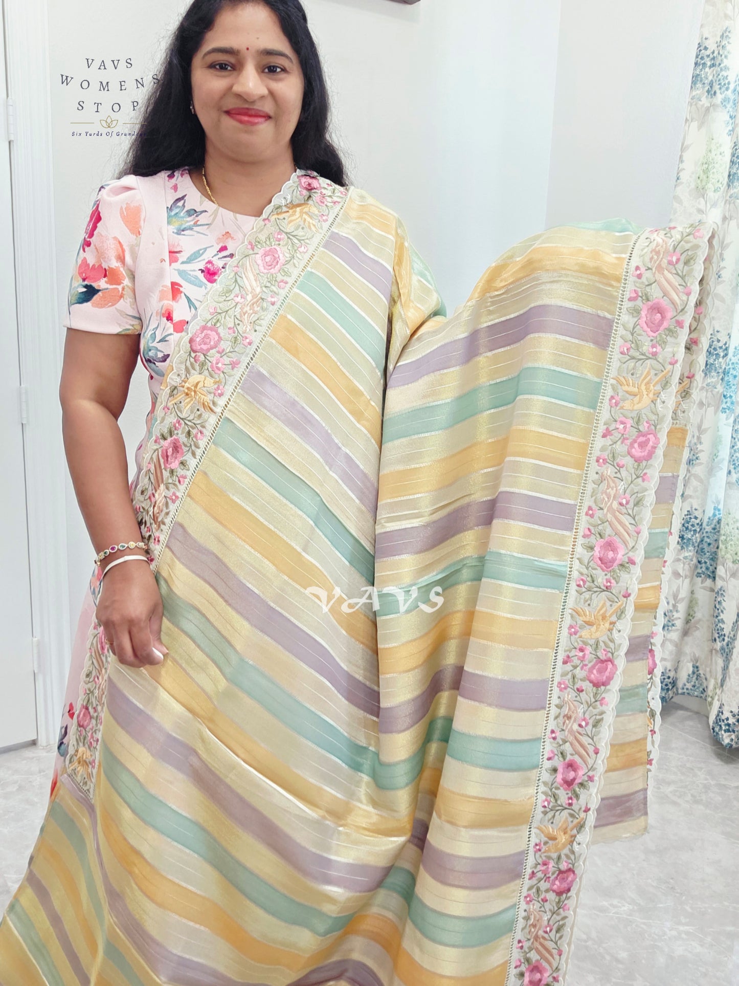 Soft Falling Tissue Stripes Designer Saree with Floral Border & Stitched Blouse