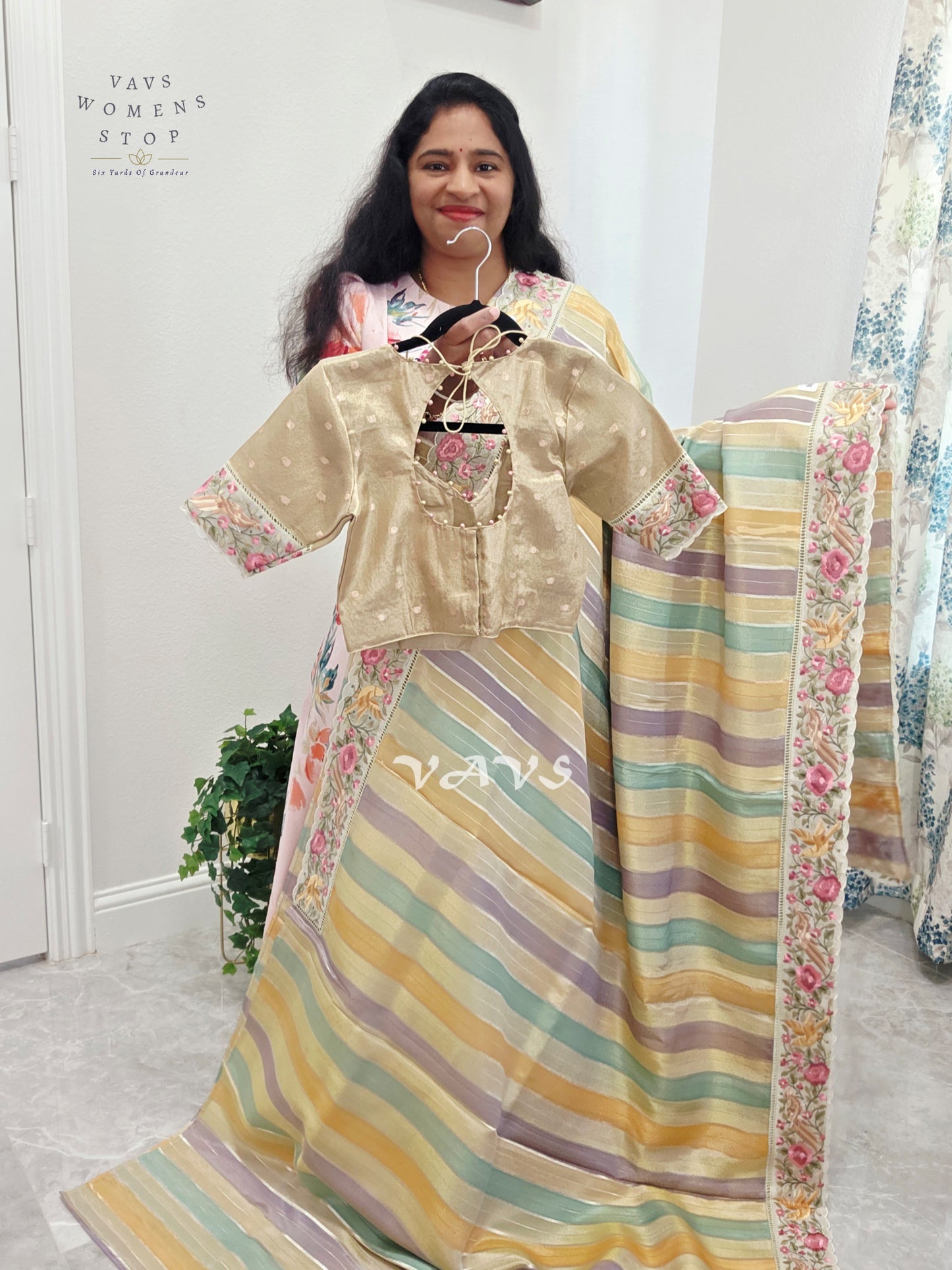 Soft Falling Tissue Stripes Designer Saree with Floral Border & Stitched Blouse