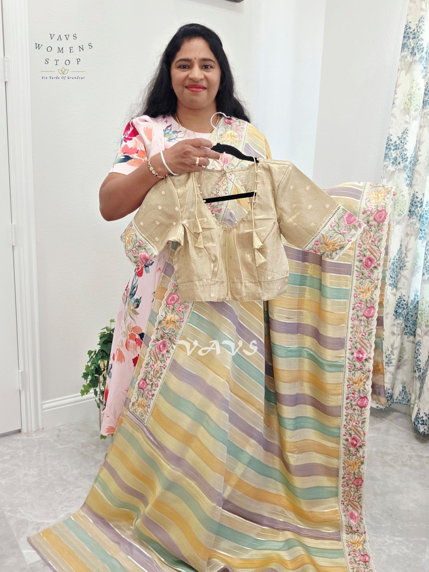 Soft Falling Tissue Stripes Designer Saree with Floral Border & Stitched Blouse