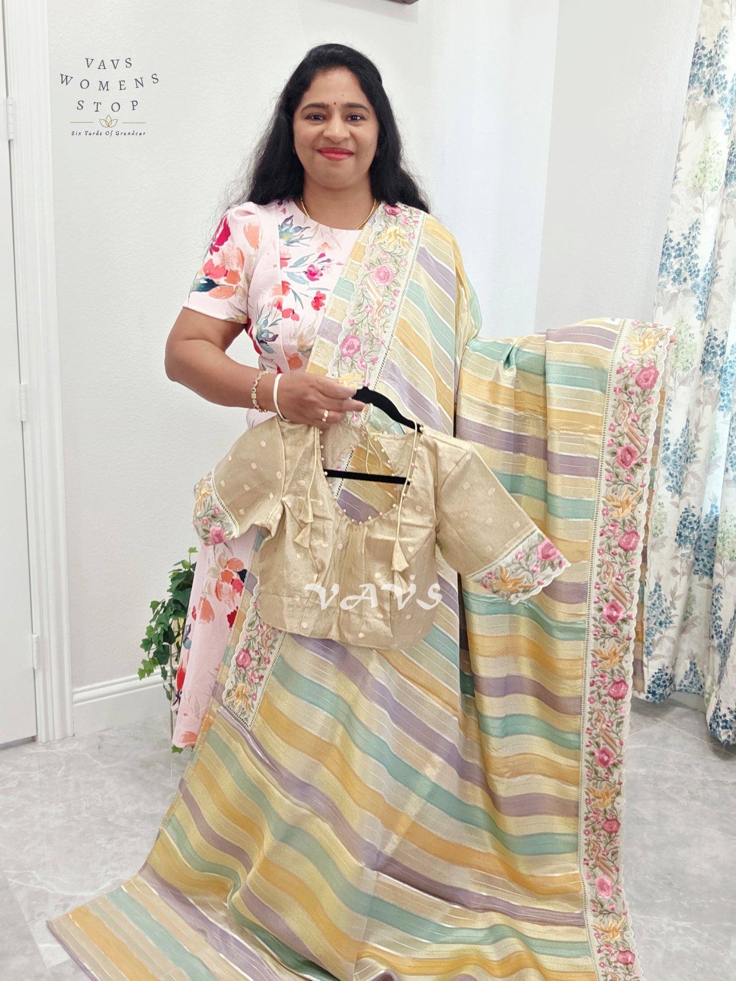 Soft Falling Tissue Stripes Designer Saree with Floral Border & Stitched Blouse