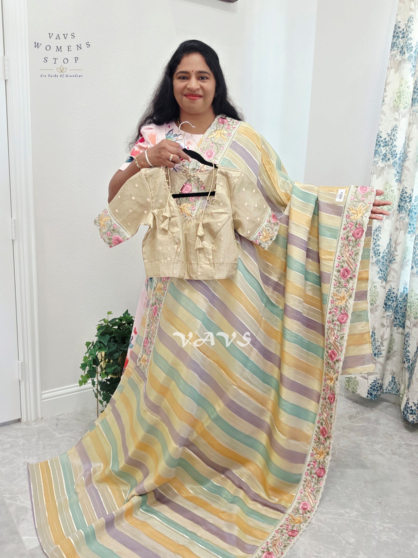 Soft Falling Tissue Stripes Designer Saree with Floral Border & Stitched Blouse