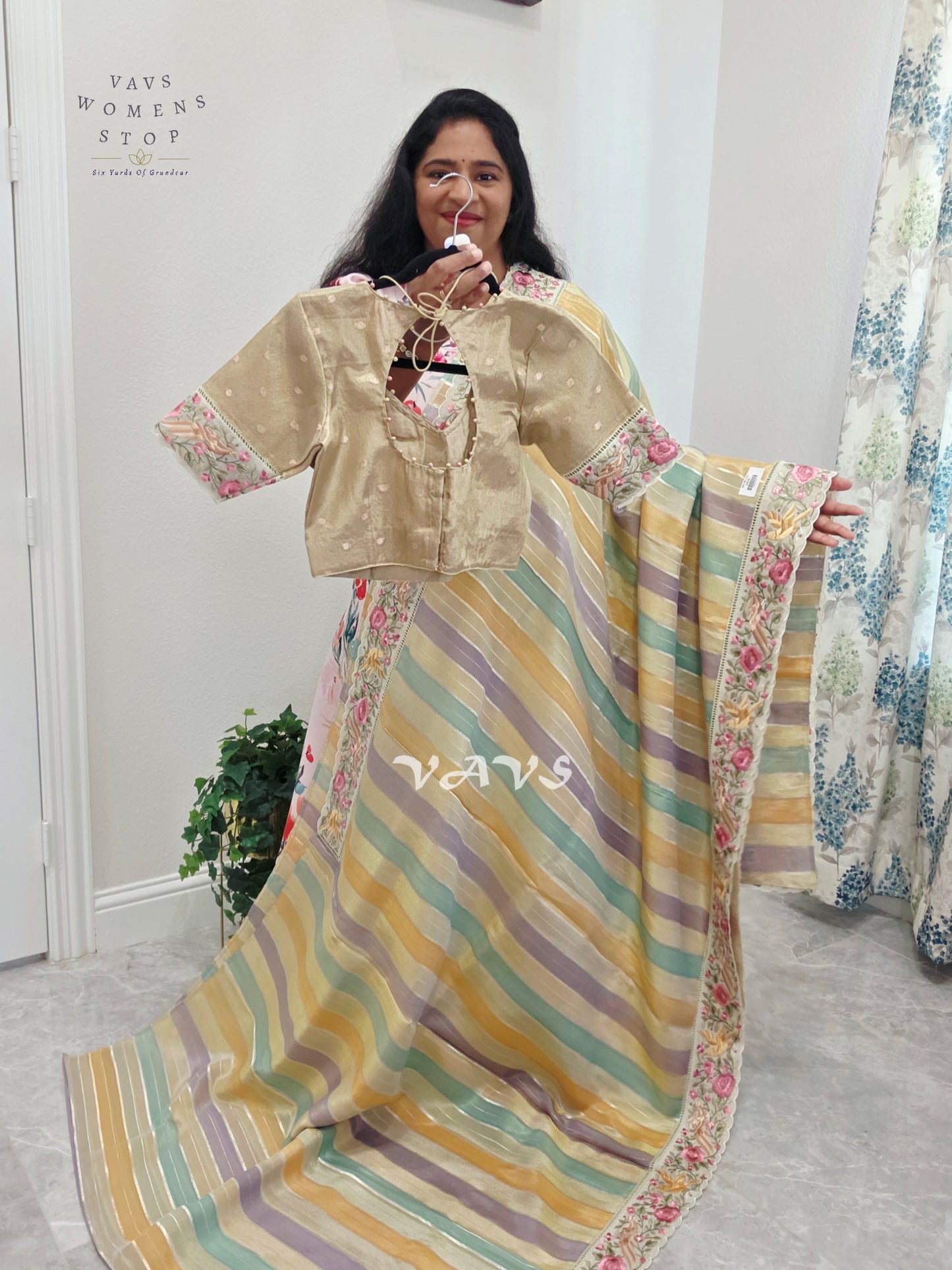 Soft Falling Tissue Stripes Designer Saree with Floral Border & Stitched Blouse