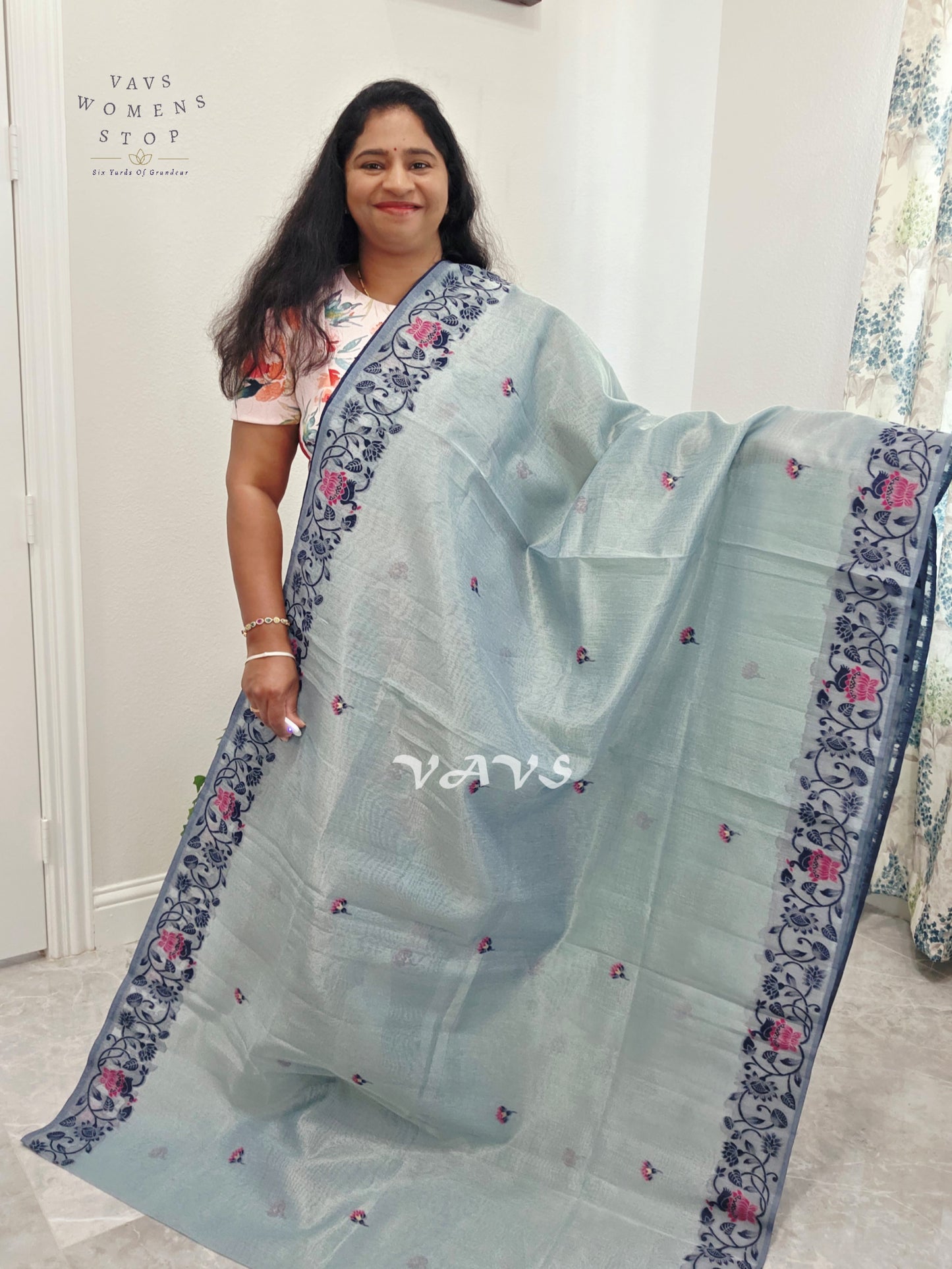 Pearl Aqua Semi Tissue Silk Cotton Jamdani Style Saree with Elephant Pallu & Navy Stitched Puff Sleeve Blouse Size 38, Extendable to 44