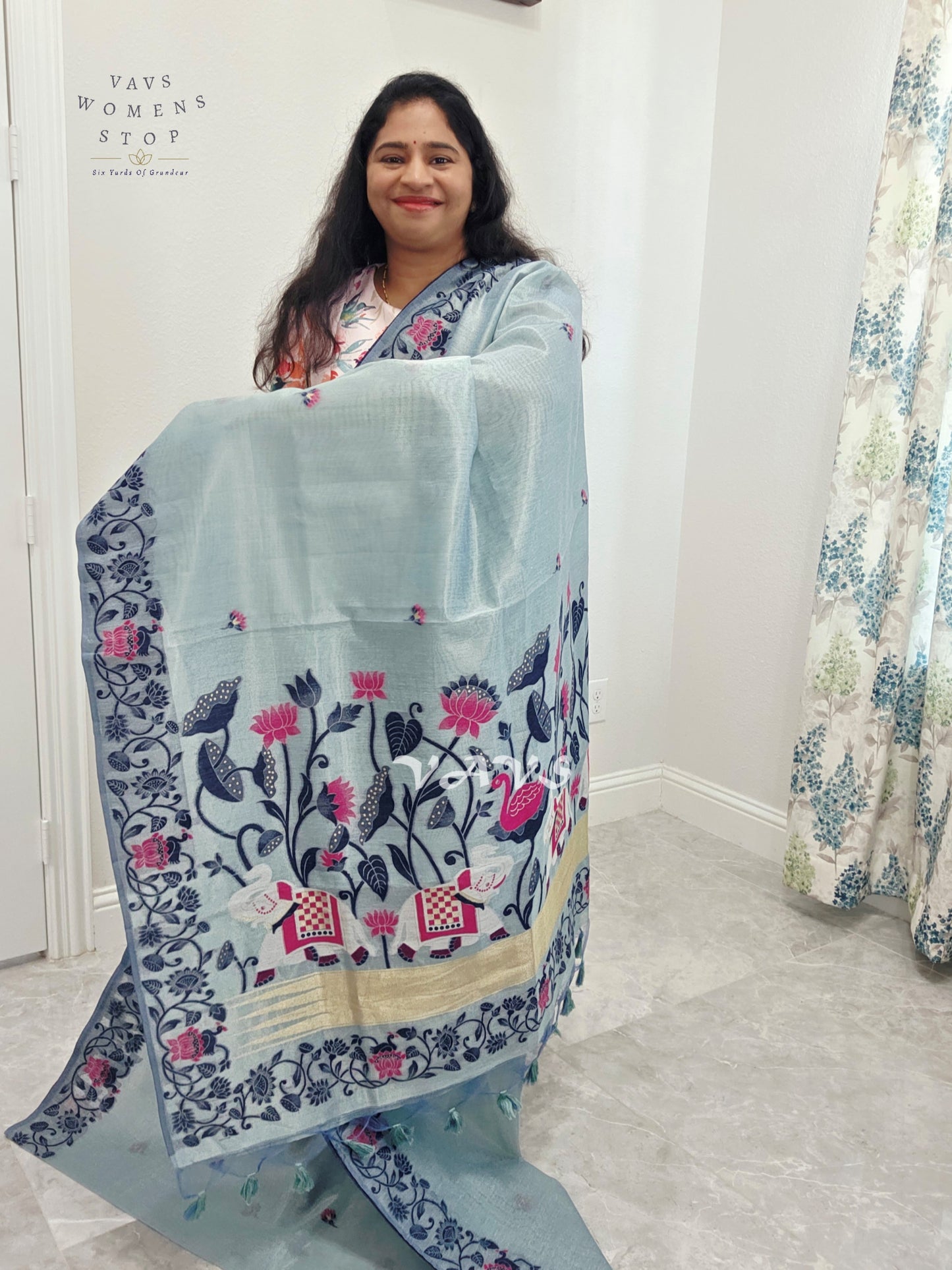 Pearl Aqua Semi Tissue Silk Cotton Jamdani Style Saree with Elephant Pallu & Navy Stitched Puff Sleeve Blouse Size 38, Extendable to 44