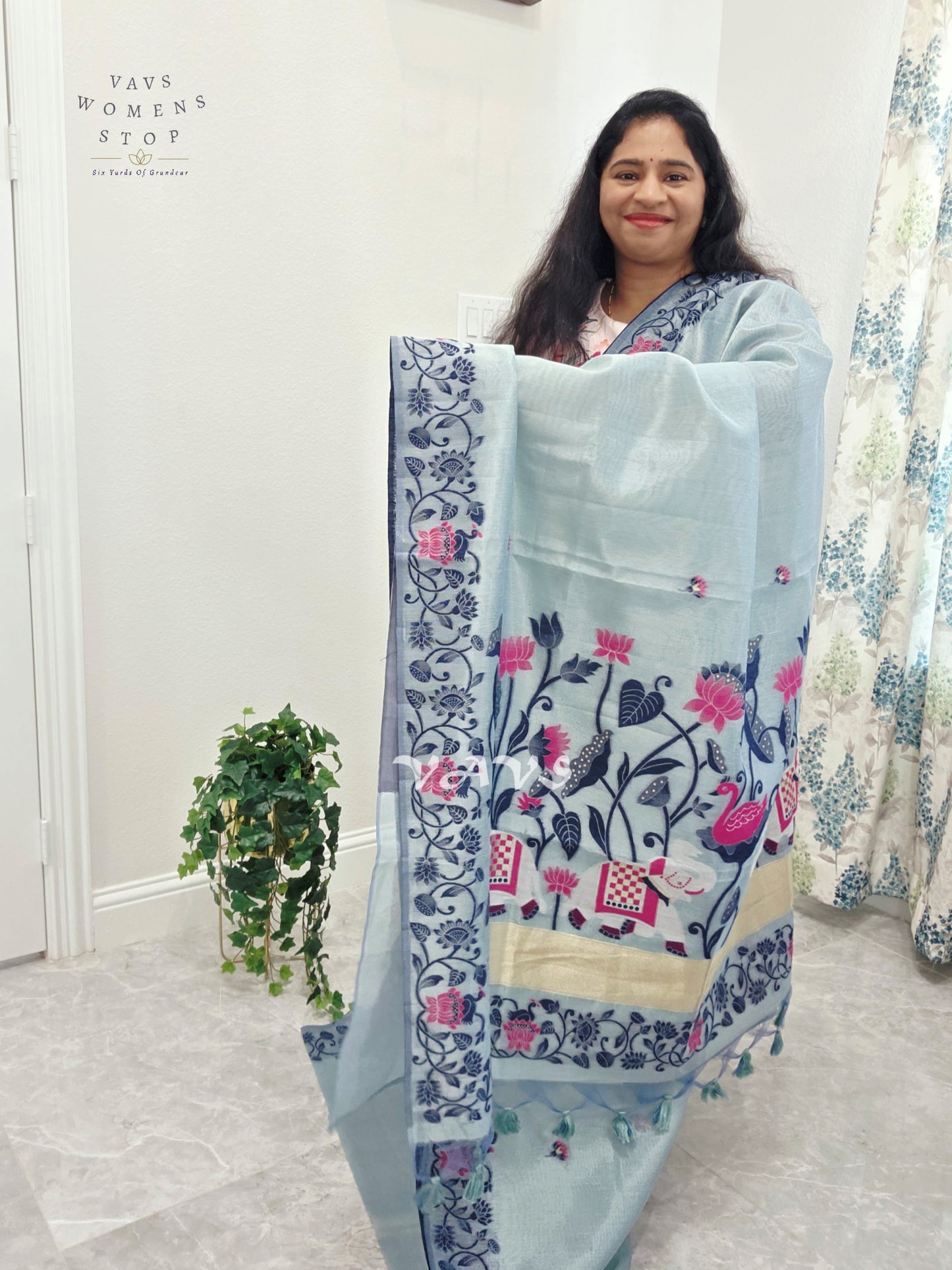 Pearl Aqua Semi Tissue Silk Cotton Jamdani Style Saree with Elephant Pallu & Navy Stitched Puff Sleeve Blouse Size 38, Extendable to 44