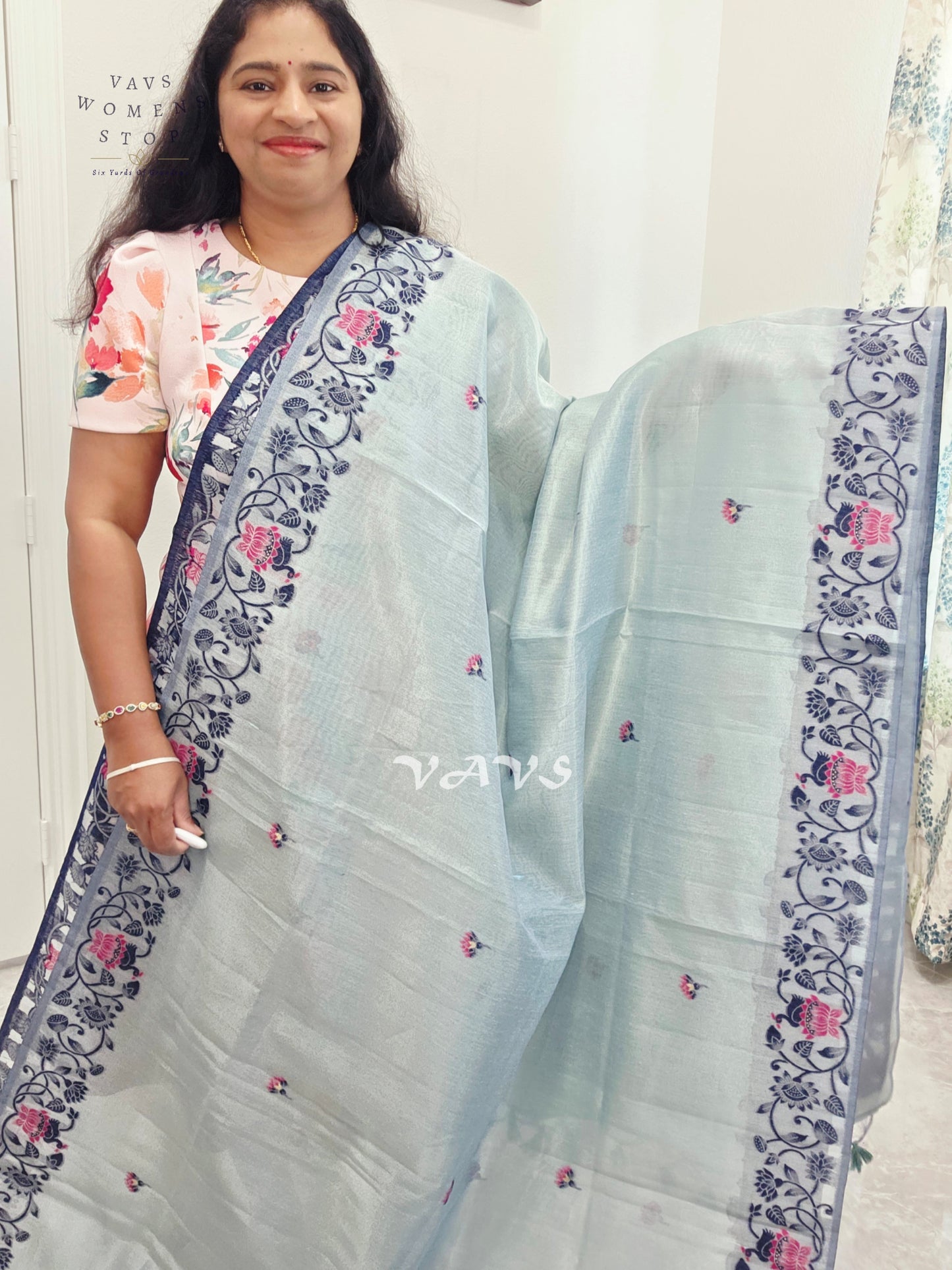 Pearl Aqua Semi Tissue Silk Cotton Jamdani Style Saree with Elephant Pallu & Navy Stitched Puff Sleeve Blouse Size 38, Extendable to 44