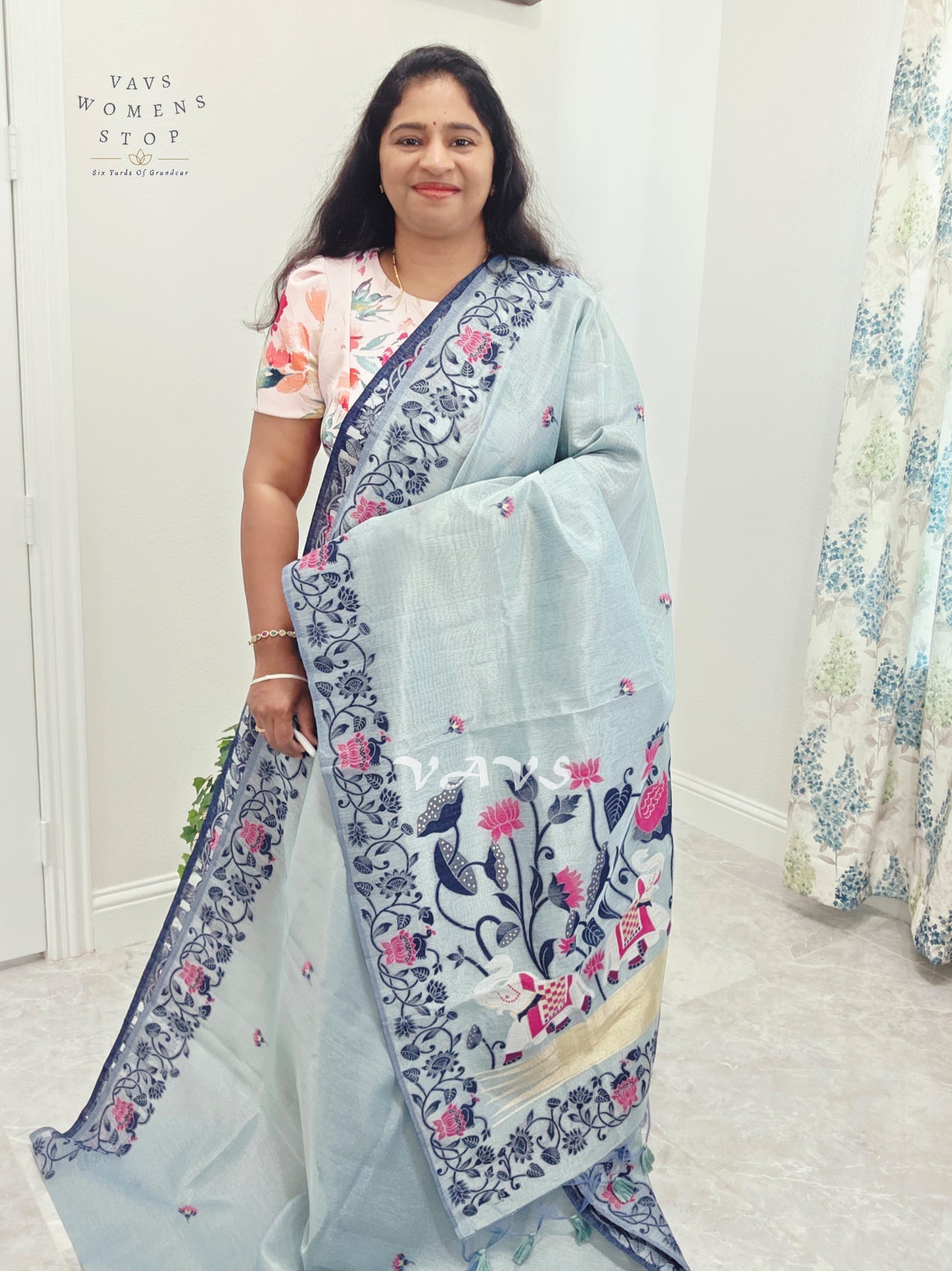 Pearl Aqua Semi Tissue Silk Cotton Jamdani Style Saree with Elephant Pallu & Navy Stitched Puff Sleeve Blouse Size 38, Extendable to 44