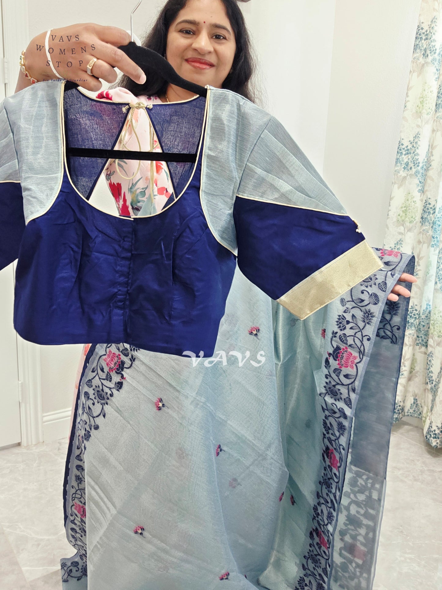 Pearl Aqua Semi Tissue Silk Cotton Jamdani Style Saree with Elephant Pallu & Navy Stitched Puff Sleeve Blouse Size 38, Extendable to 44
