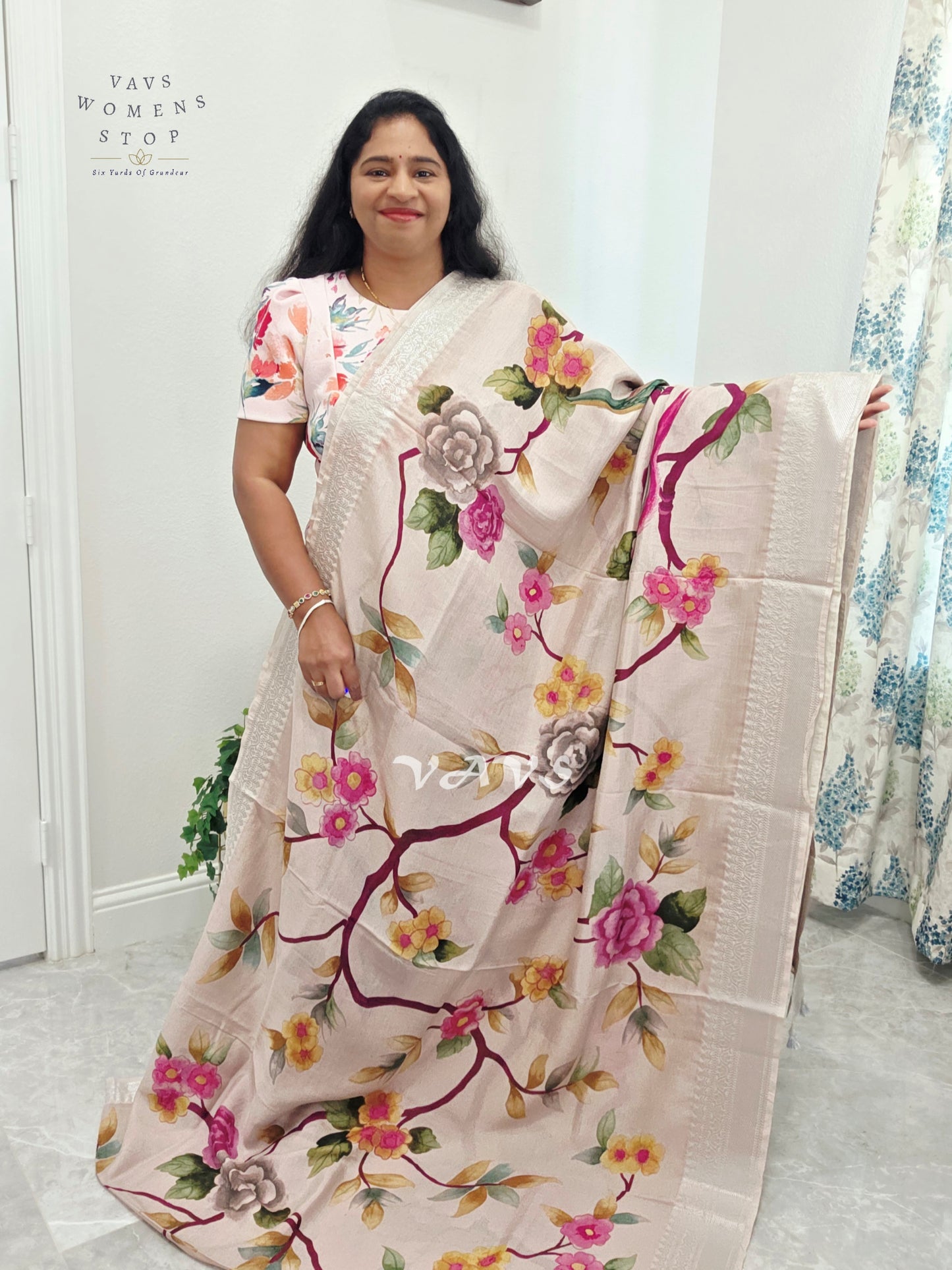 Pearl Ivory Mangalagiri Silk Bird & Floral Print Saree with Burgundy Wine Stitched Puff Sleeve Blouse Size 38, Extendable to 44