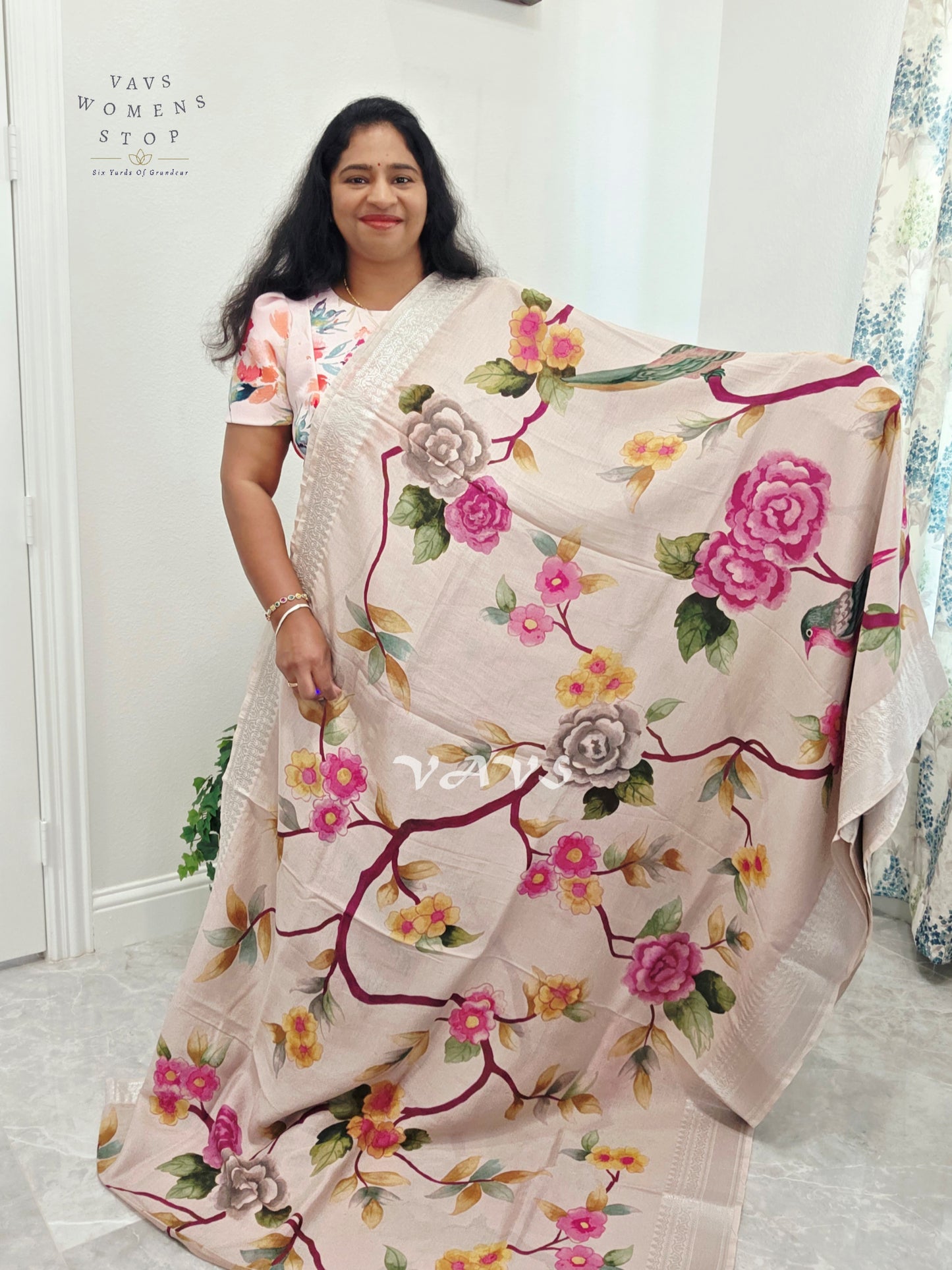 Pearl Ivory Mangalagiri Silk Bird & Floral Print Saree with Burgundy Wine Stitched Puff Sleeve Blouse Size 38, Extendable to 44