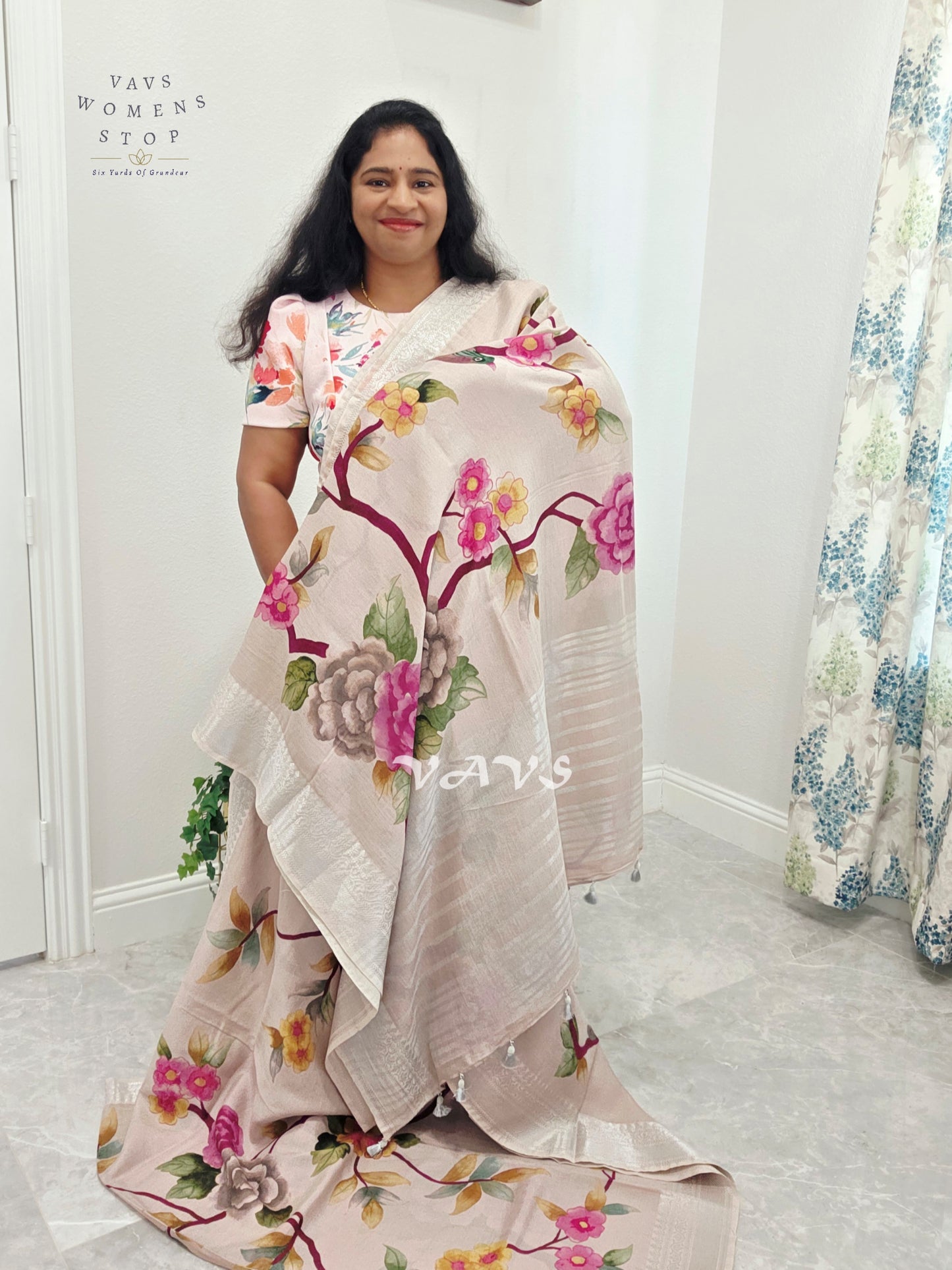 Pearl Ivory Mangalagiri Silk Bird & Floral Print Saree with Burgundy Wine Stitched Puff Sleeve Blouse Size 38, Extendable to 44