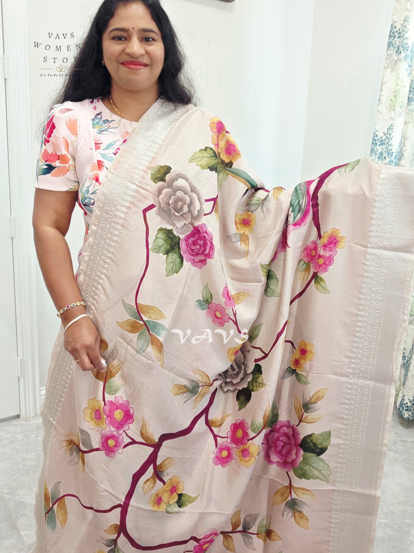 Pearl Ivory Mangalagiri Silk Bird & Floral Print Saree with Burgundy Wine Stitched Puff Sleeve Blouse Size 38, Extendable to 44