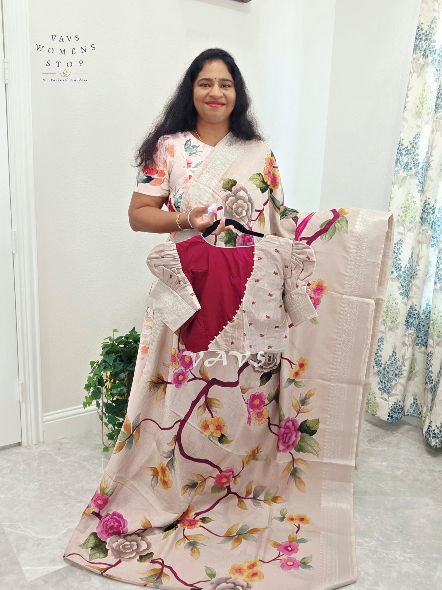 Pearl Ivory Mangalagiri Silk Bird & Floral Print Saree with Burgundy Wine Stitched Puff Sleeve Blouse Size 38, Extendable to 44